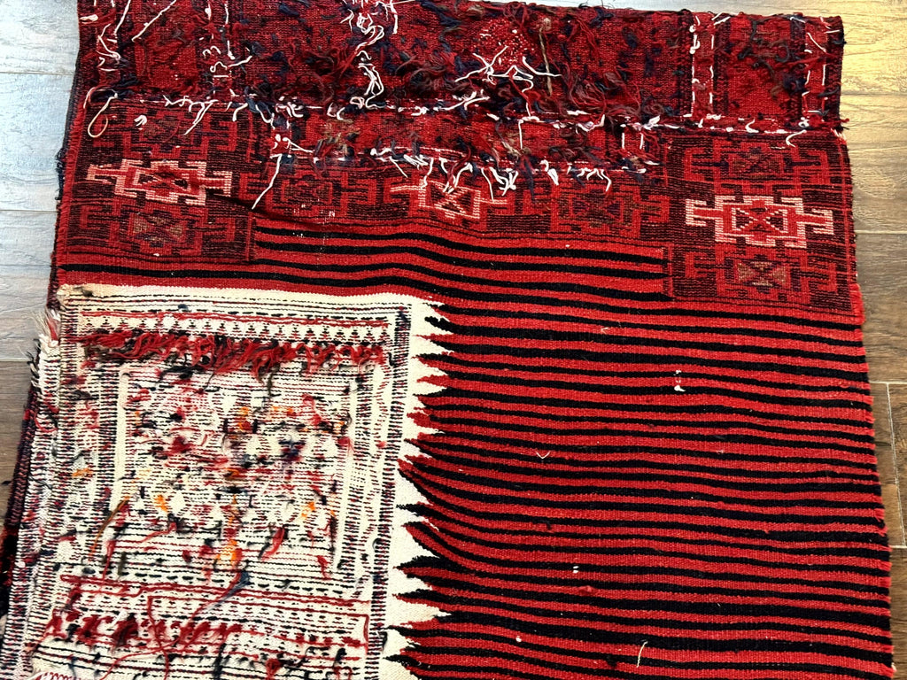 Persian Tribal Nomadic Saddle Cover Rug, Antique, Handmade, Wool, Red Ivory Black, Collectible, Shahsavan