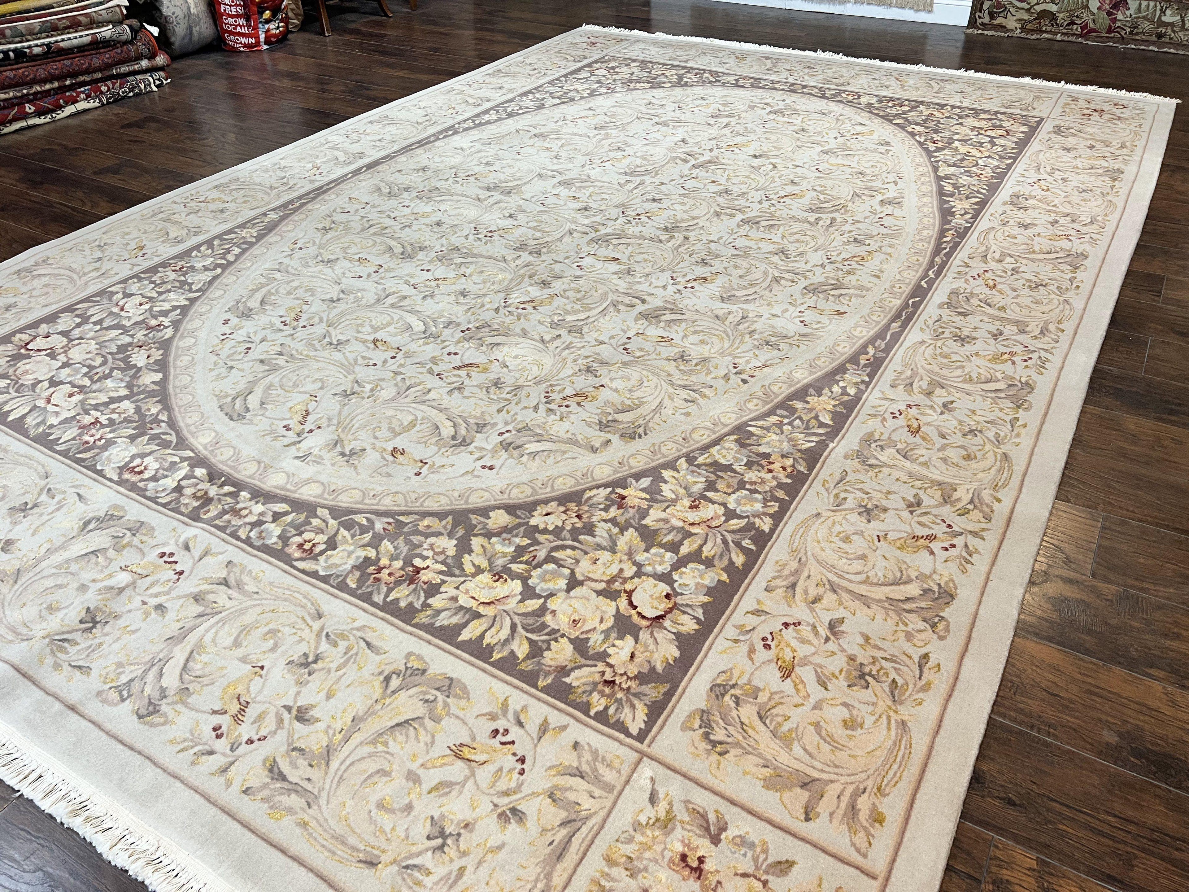 Aubusson Rug 10x14, Wool & Silk Highlights Hand Knotted Vintage Carpet, Birds Flowers, Fine Details, Elegant