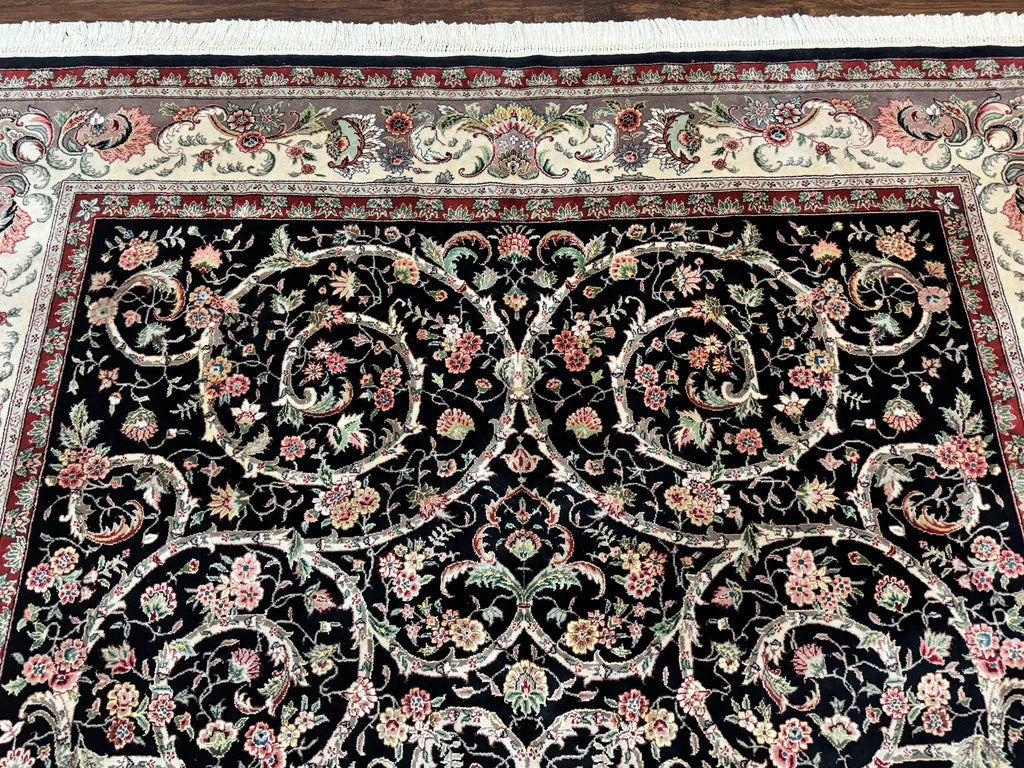 Black Pak Persian Rug 8x11, Floral Pattern, Hand Knotted Vintage Wool Rug with Silk Highlights, Fine 200 KPSI