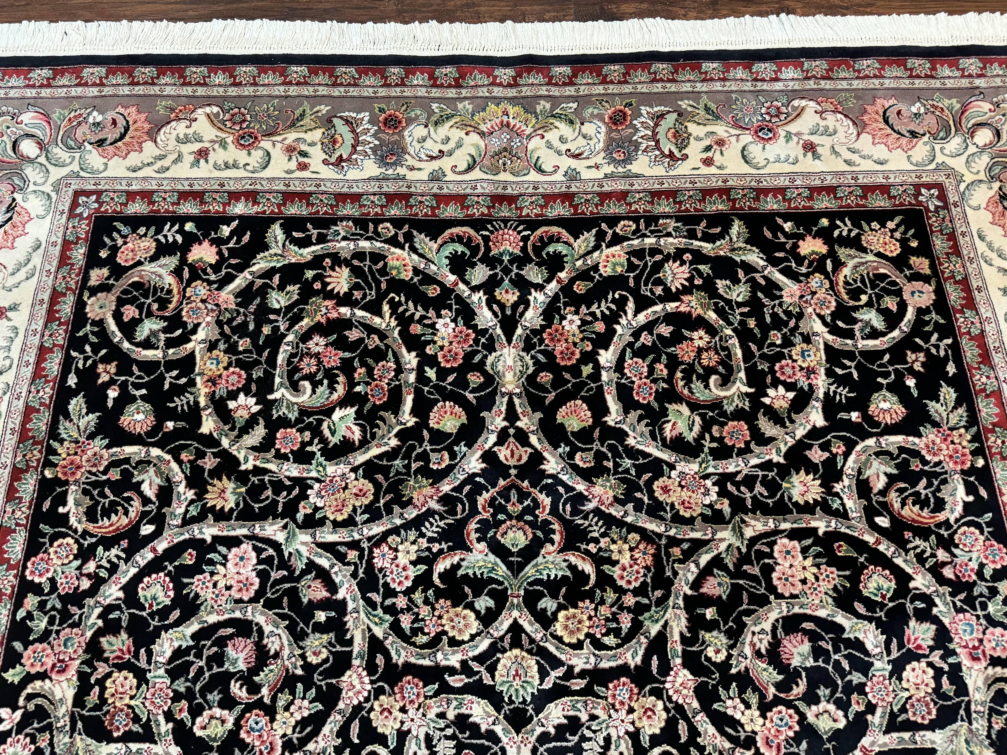 Black Pak Persian Rug 8x11, Floral Pattern, Hand Knotted Vintage Wool Rug with Silk Highlights, Fine 200 KPSI