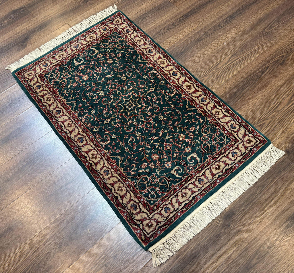Dark Green Indo Persian Rug 2.5 x 4, Hand Knotted Wool Small Oriental Carpet