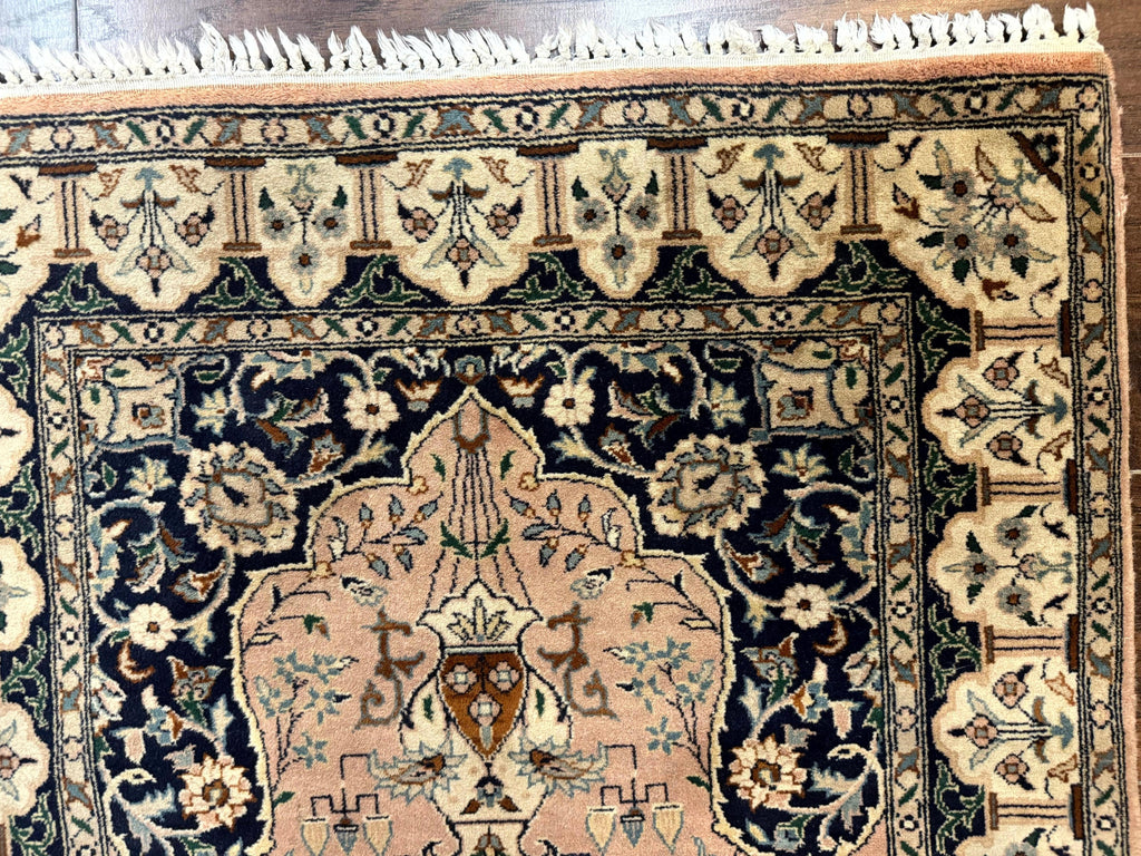 Small Tree of Life Prayer Rug, Pak Persian Rug 2.7 x 4, , Birds, Lantern, Handmade Vintage Fine 260 KPSI