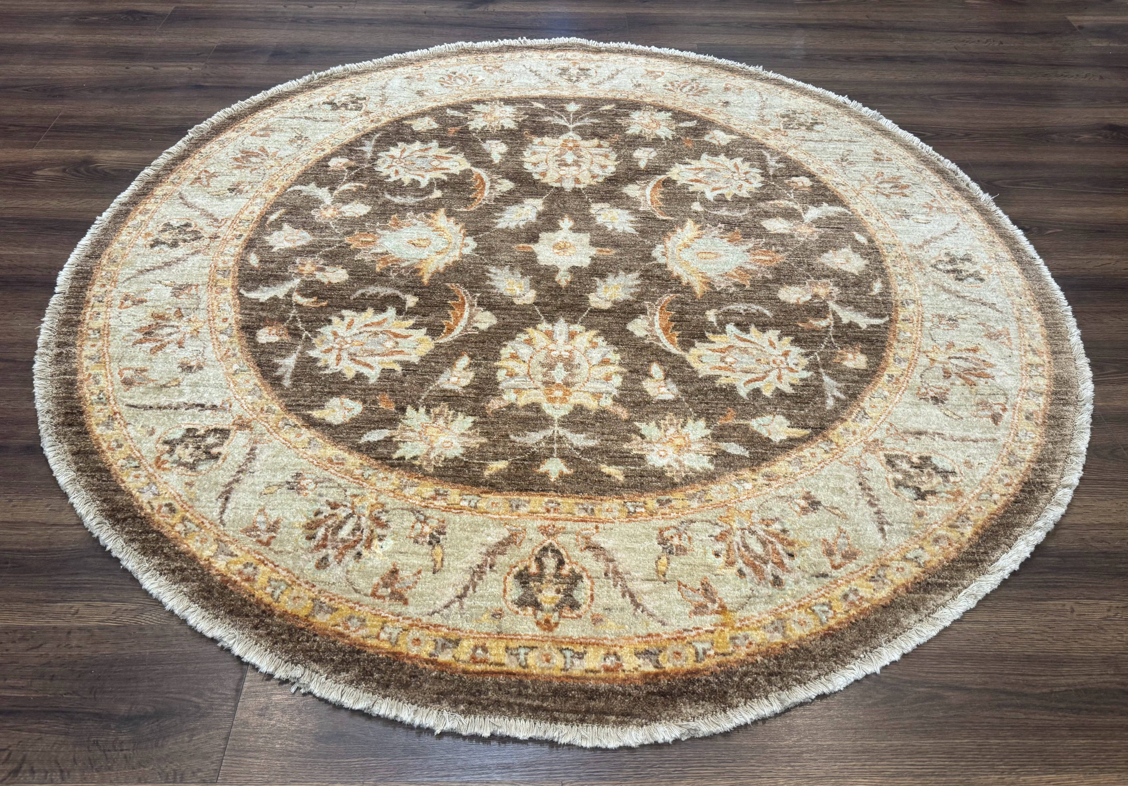Round Pakistani Rug 6x6, Brown and Beige, Floral, Peshawar Rug, Traditional