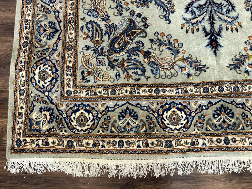 Light Green and Blue Persian Kashan Rug 7x10, Authentic Persian Carpet, Handmade, Wool