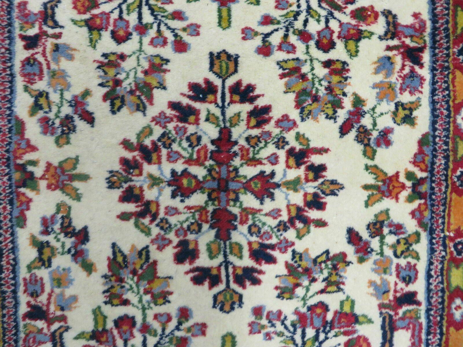 Small Persian Rug 2 x 3, Tiny Persian Sarouk Carpet, Cream Navy Blue Red, Floral Medallion, Vintage Wool Rug, Handmade Hand-Knotted Oriental Rug