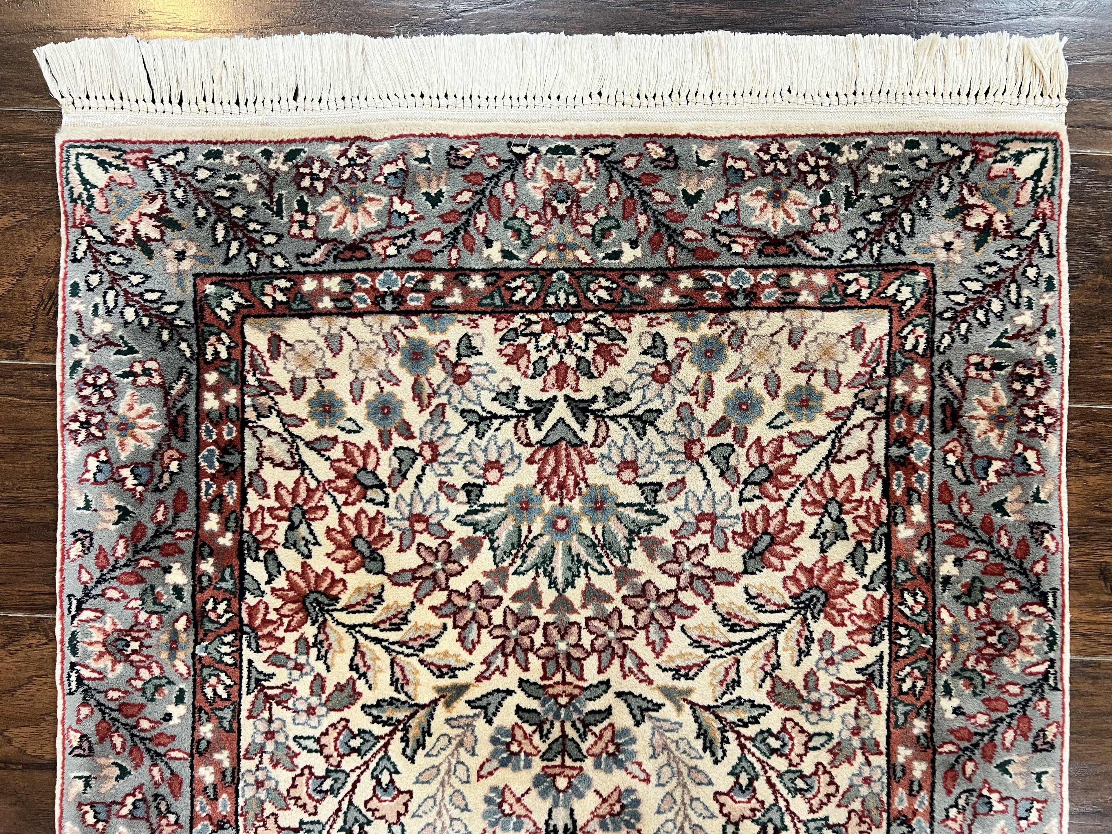 Sino Persian Runner Rug 2.7 x 10, Floral Kirman Lavar Carpet for Hallway, Cream, Handmade Wool Vintage Rug