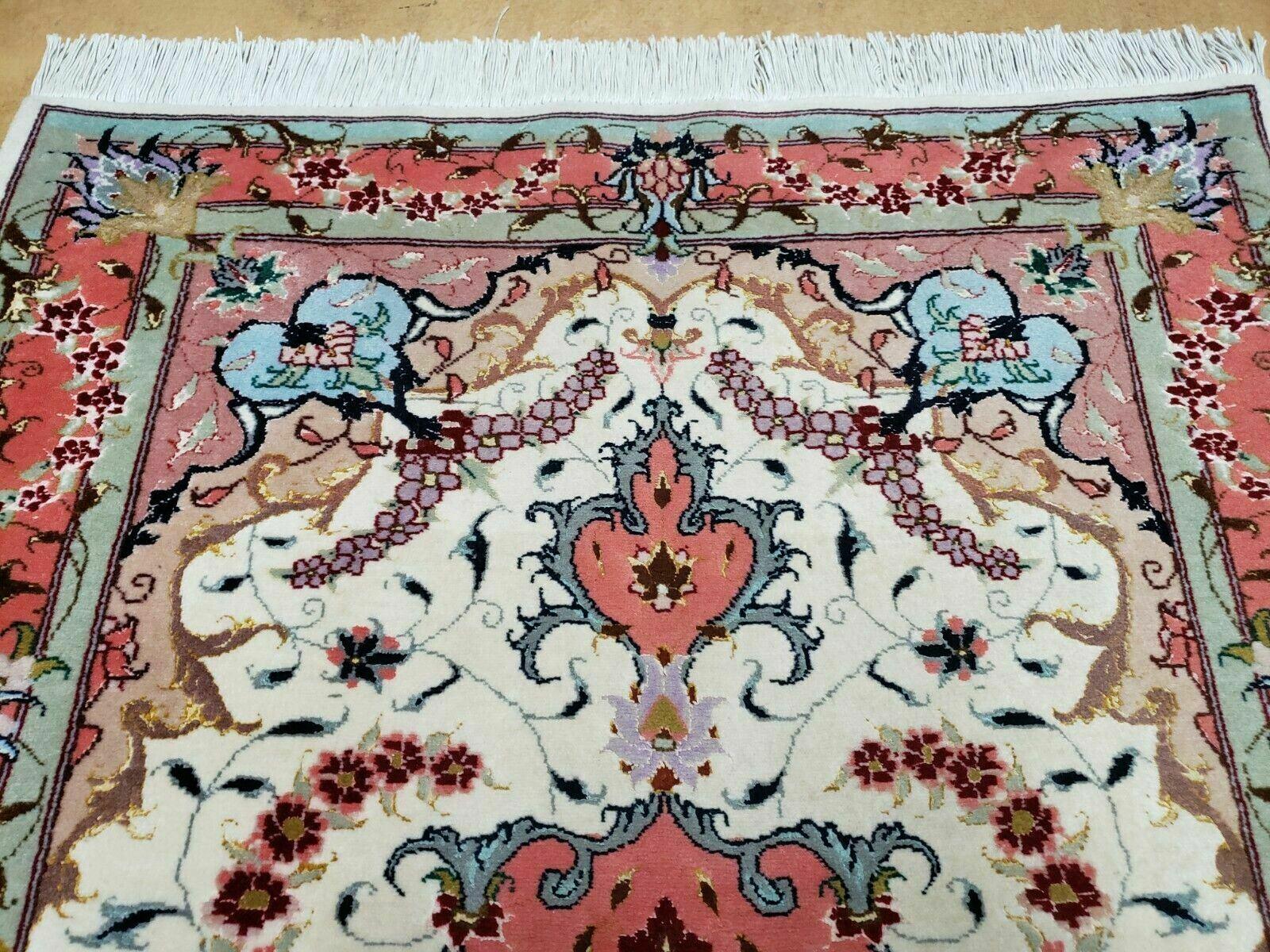 Small Vintage Persian Tabriz Wool and Silk Rug 2.5 x 4 ft, Very Finely Hand Knotted, Medallion, Ivory Salmon Light Blue, Top Quality, Pair A