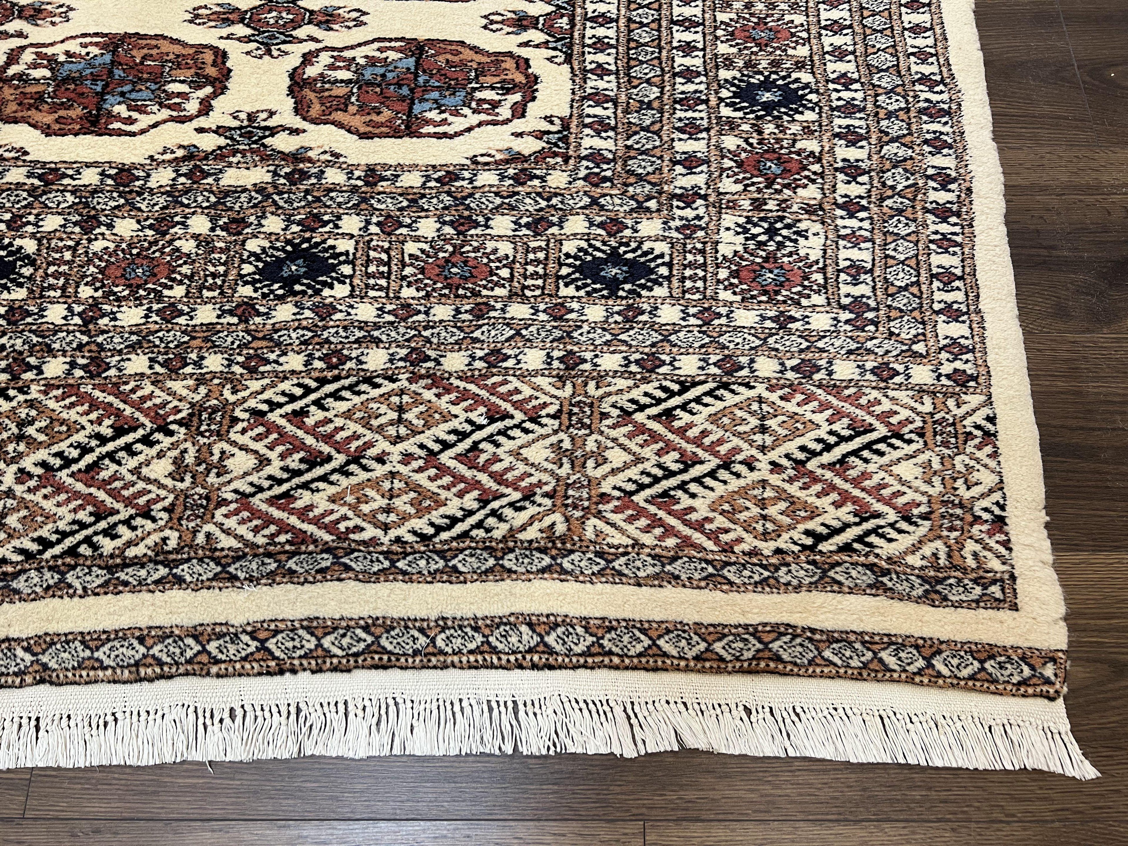 Pakistani Bokhara Rug 8x10, Wool Turkoman Carpet, Ivory/Cream