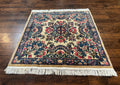 Square Persian Kerman Rug 4x4, Ivory Blue Pink, Handmade, Fine 225 KPSI