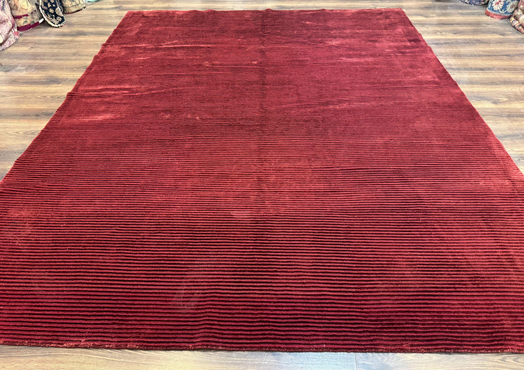 Modern Tibetan Rug 8x10, Red, Stripes, Handmade Wool Thick Pile Carpet