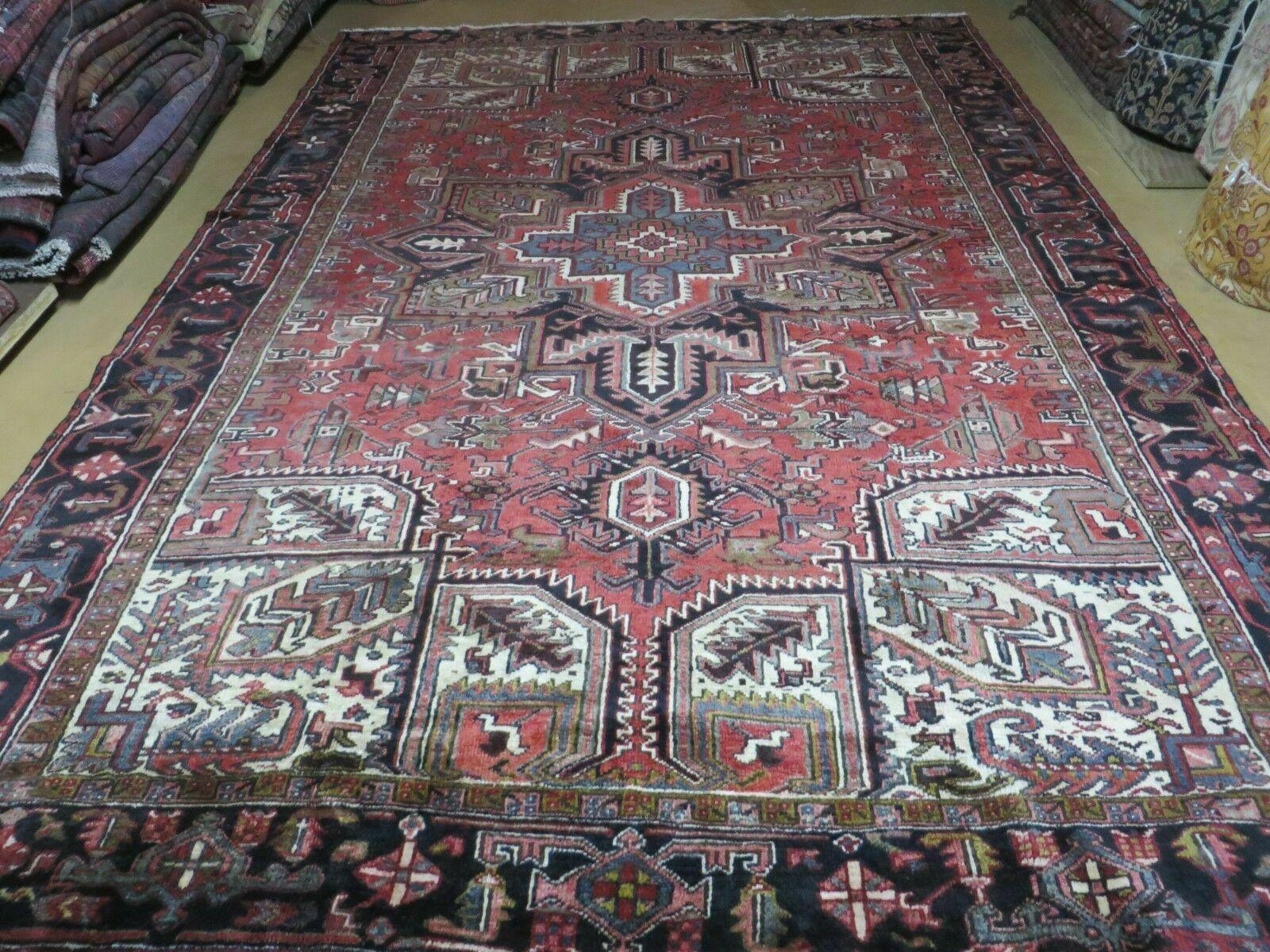 Persian Heriz Rug 8x12 Semi Antique Heriz Carpet, Room Sized Persian Carpet, Geometric Medallion, Wool, Hand Knotted, Red Ivory Dark Blue