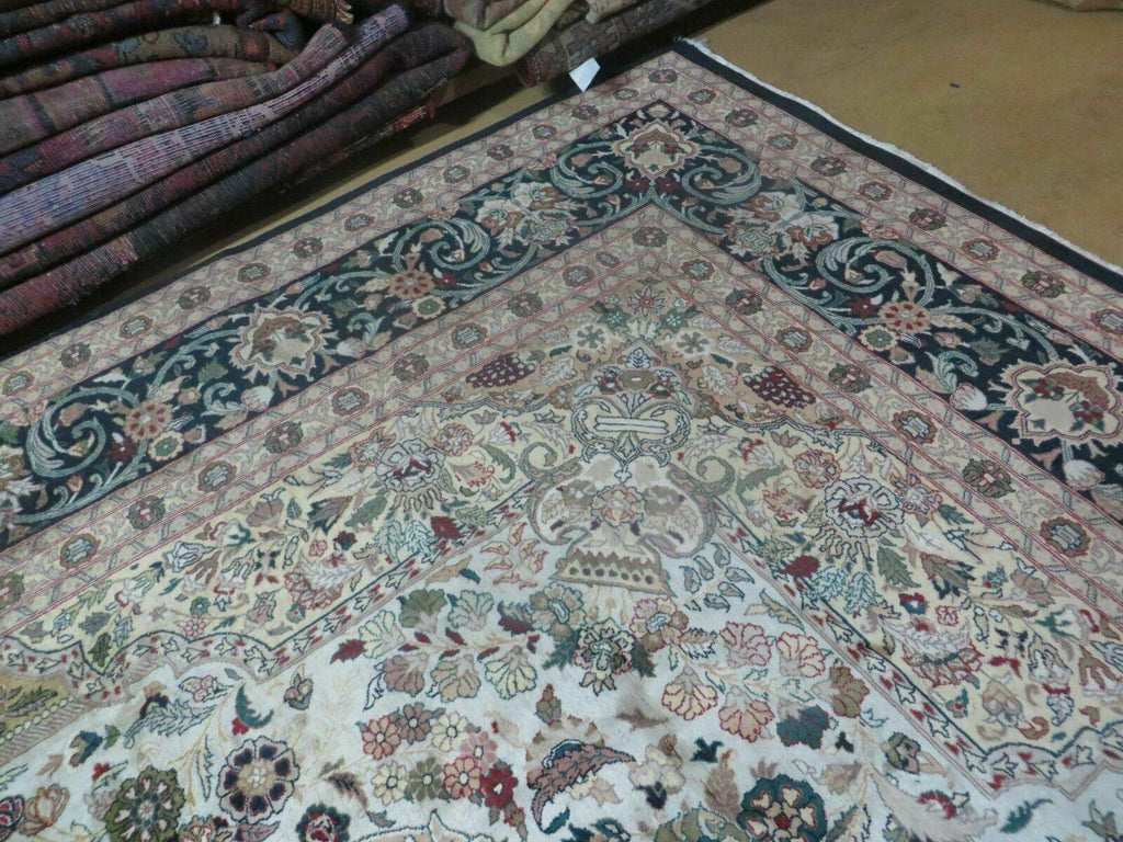 Beautiful Sino Persian Rug 9x12, Elegant High Quality Handmade Wool Oriental Carpet, Medallion with Corner Design, Floral, Black and Ivory