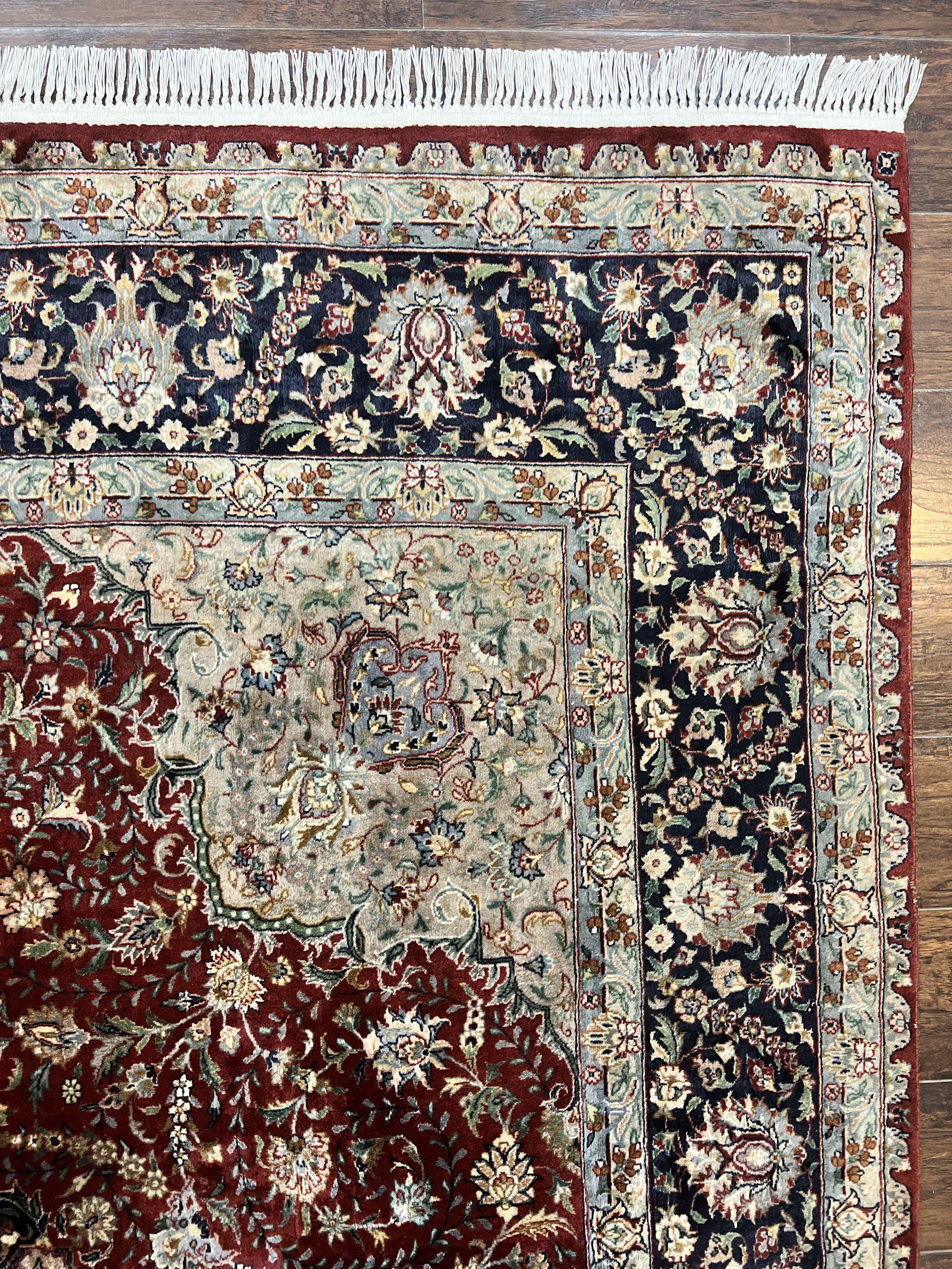 Pak Persian Rug 8x10, Wool Hand Knotted Vintage Carpet, Dark Red & Navy Blue, Dome Design Floral Medallion Rug, 8 x 10 Oriental Rug