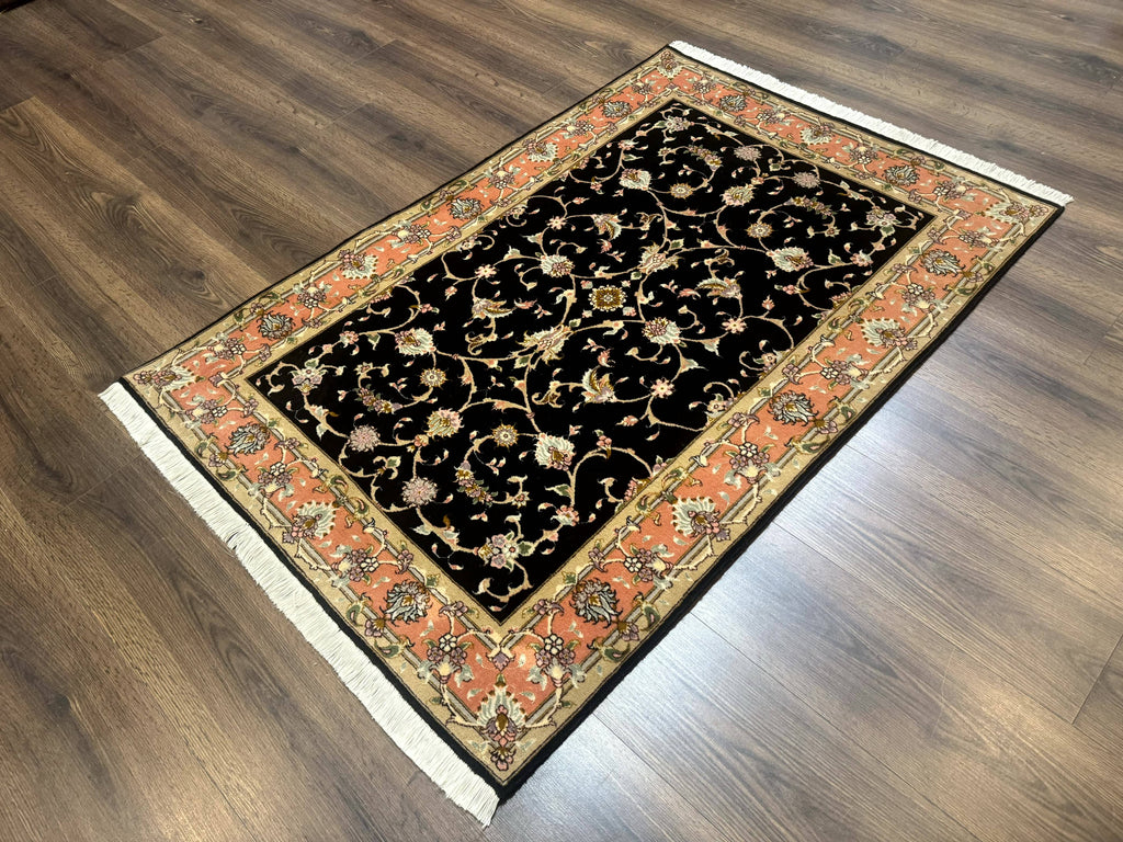 Persian Tabriz Rug 3x5 Black and Salmon Floral Fine Handmade 360 KPSI