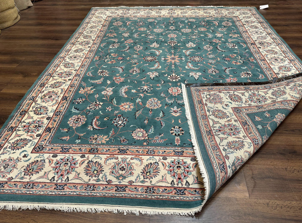 Indo Persian Rug 8x10, Green and Beige Oriental Carpet, Traditional Wool Area Rug, Floral Allover Pattern