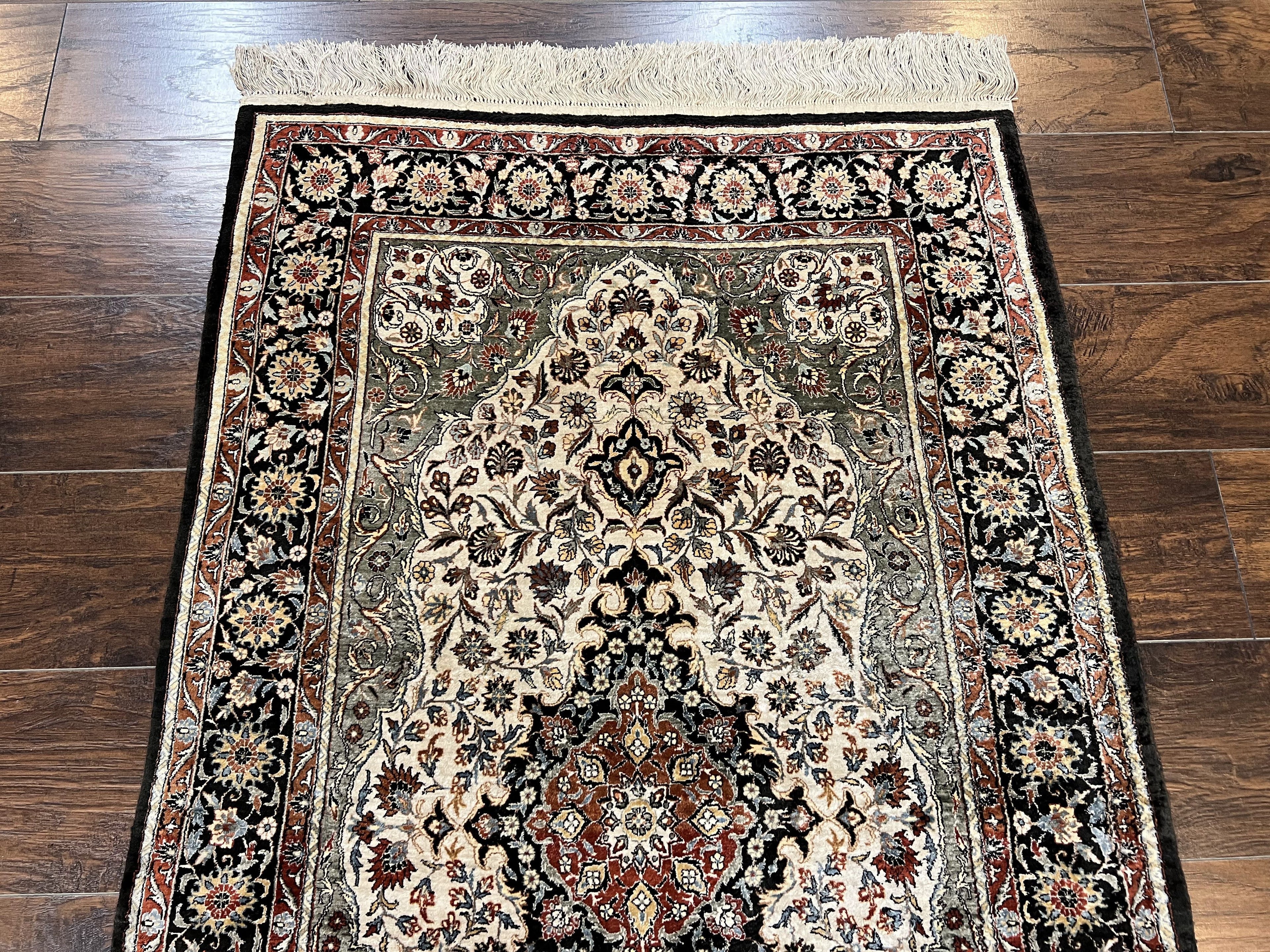 Silk Sino Persian Rug 3x5, Floral Medallion, Hand Knotted Silk Pile Silk Foundation, Traditional Silk Handmade Oriental Carpet, Cream Black