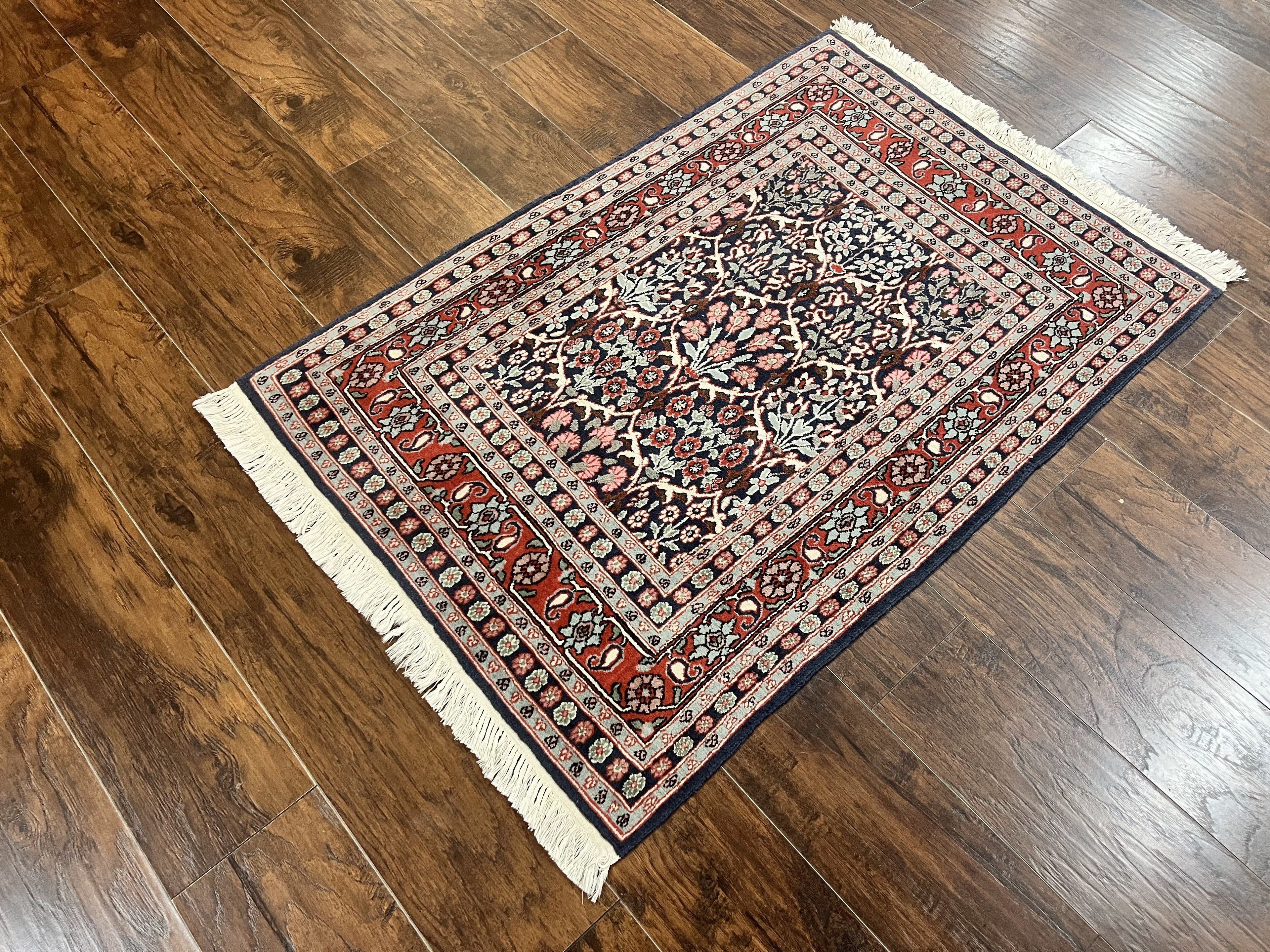 Pak Persian Rug 3x4, Wool Hand Knotted Vintage Traditional Carpet, Navy Blue & Red, Very Fine Small Handmade Floral Rug