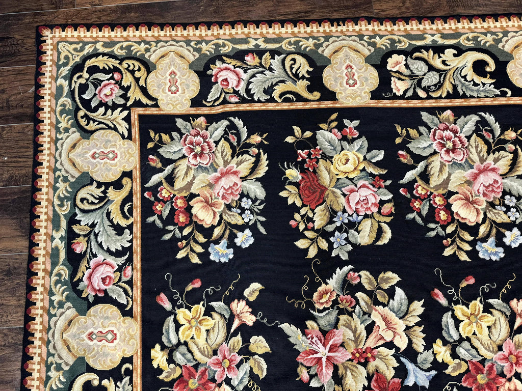 Palace Size Needlepoint Rug 12x16, Black and Colorful, Floral Panel, Handmade Oversized Wool Needlepoint Carpet, Rare