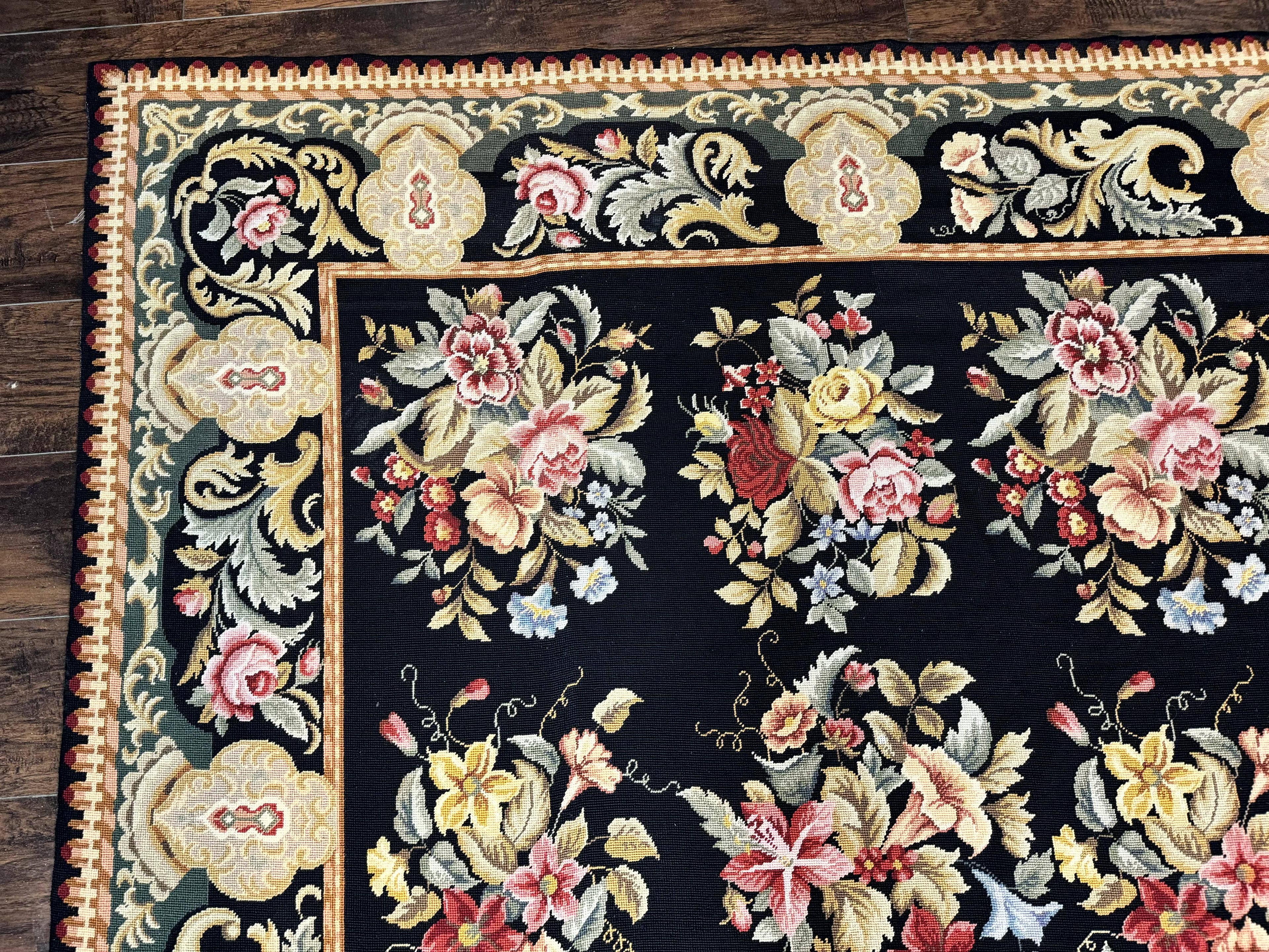 Palace Size Needlepoint Rug 12x16, Black and Colorful, Floral Panel, Handmade Oversized Wool Needlepoint Carpet, Rare
