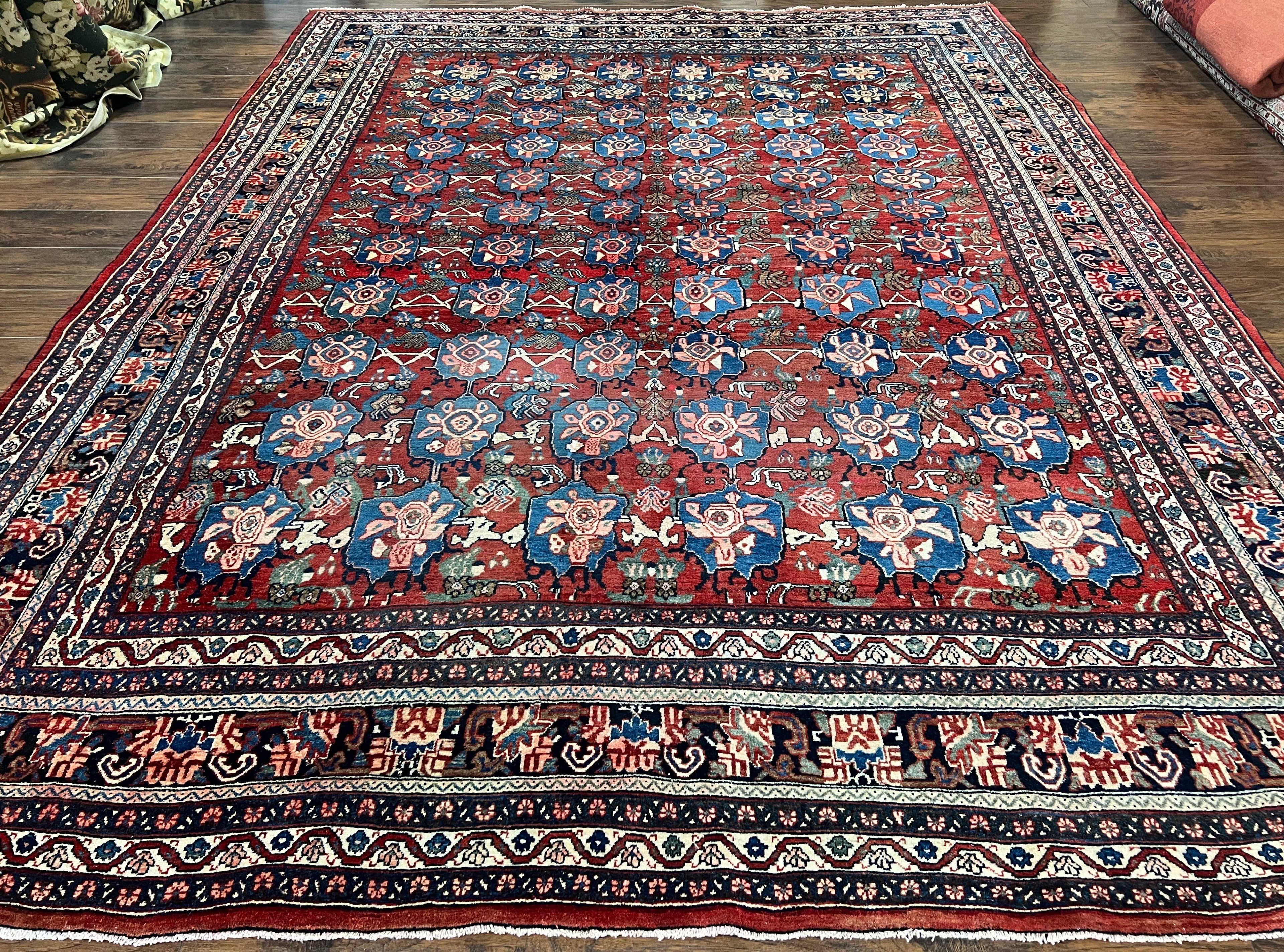 Antique Persian Bijar Rug 9x12 - Allover Motif, Red & Blue