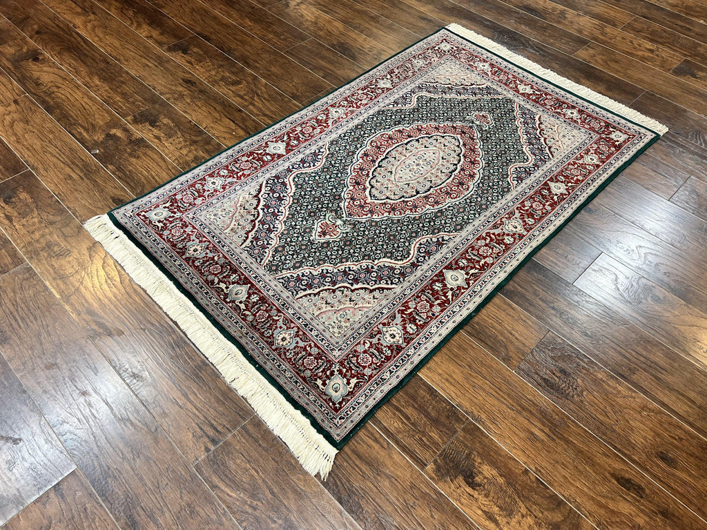 Sino Persian Rug 4x6, Wool with Silk Highlights, Fine Hand Knotted Carpet, Green & Maroon Red, Herati Medallion, Vintage Rug