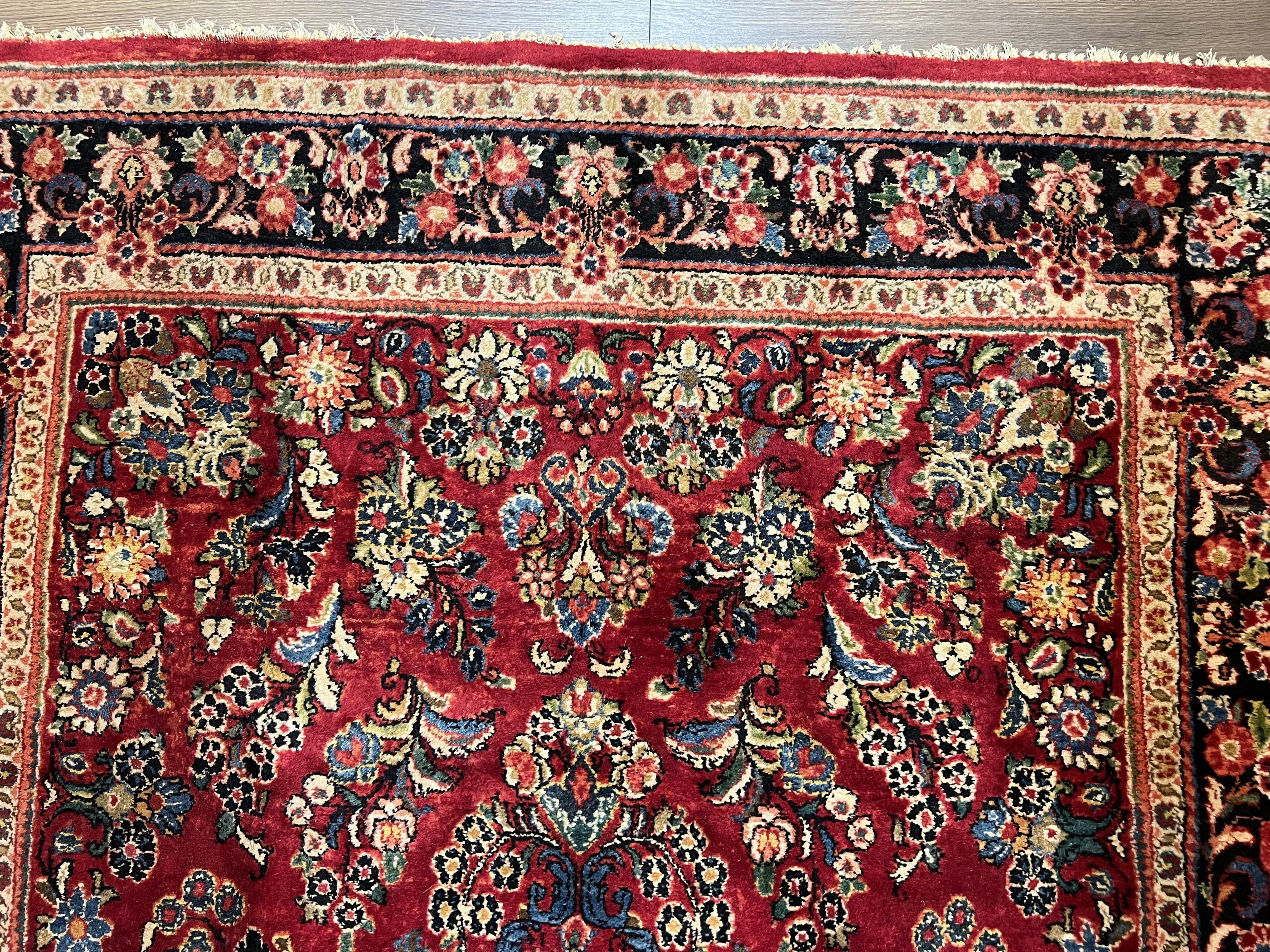 Persian Sarouk Rug 5x6, Hand Knotted Antique 1920s Sarouk, Red Navy Blue