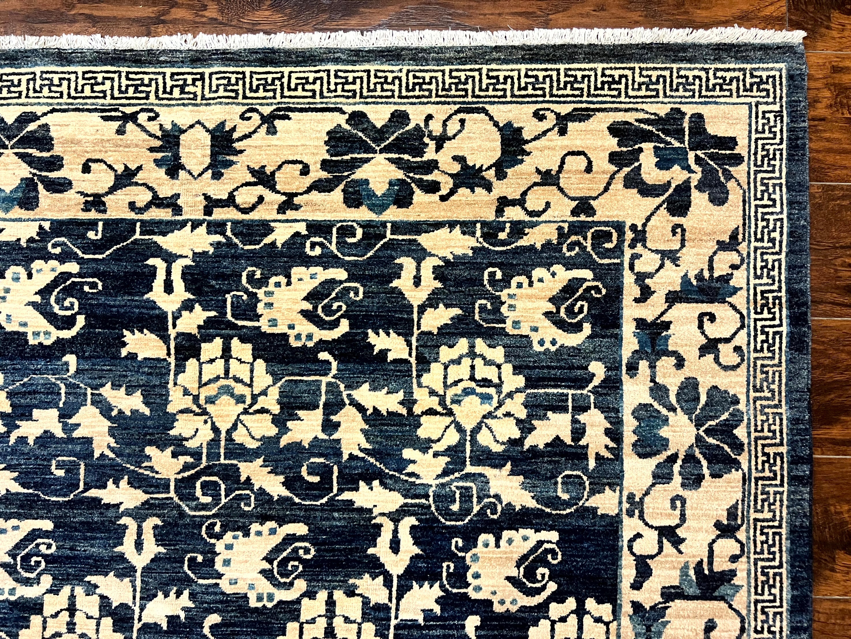 Sino Persian Rug 6x9, Hand Knotted Wool Carpet, Floral Allover, Blue Cream-Tan