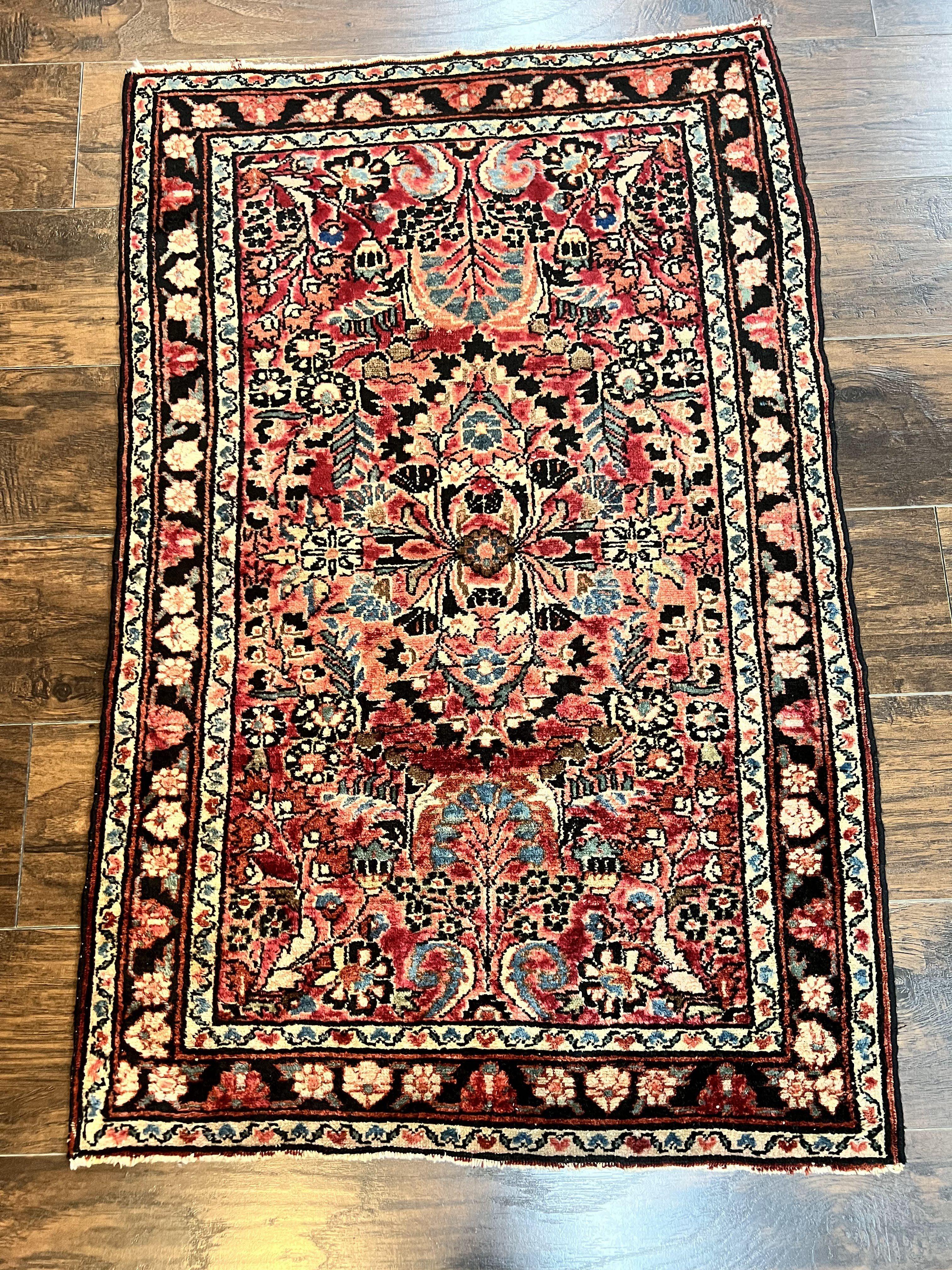 Small Antique Persian Rug 2.6 x 4, Red Floral Handmade 1920s Wool Rug, Persian Hamadan Lilian Rug