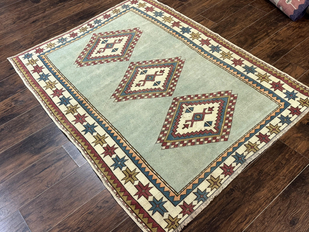 Turkish Kazak Rug 4x6, Geometric Medallion, Caucasian Design Rug, Semi Antique Vintage, Mint Green Maroon Ivory