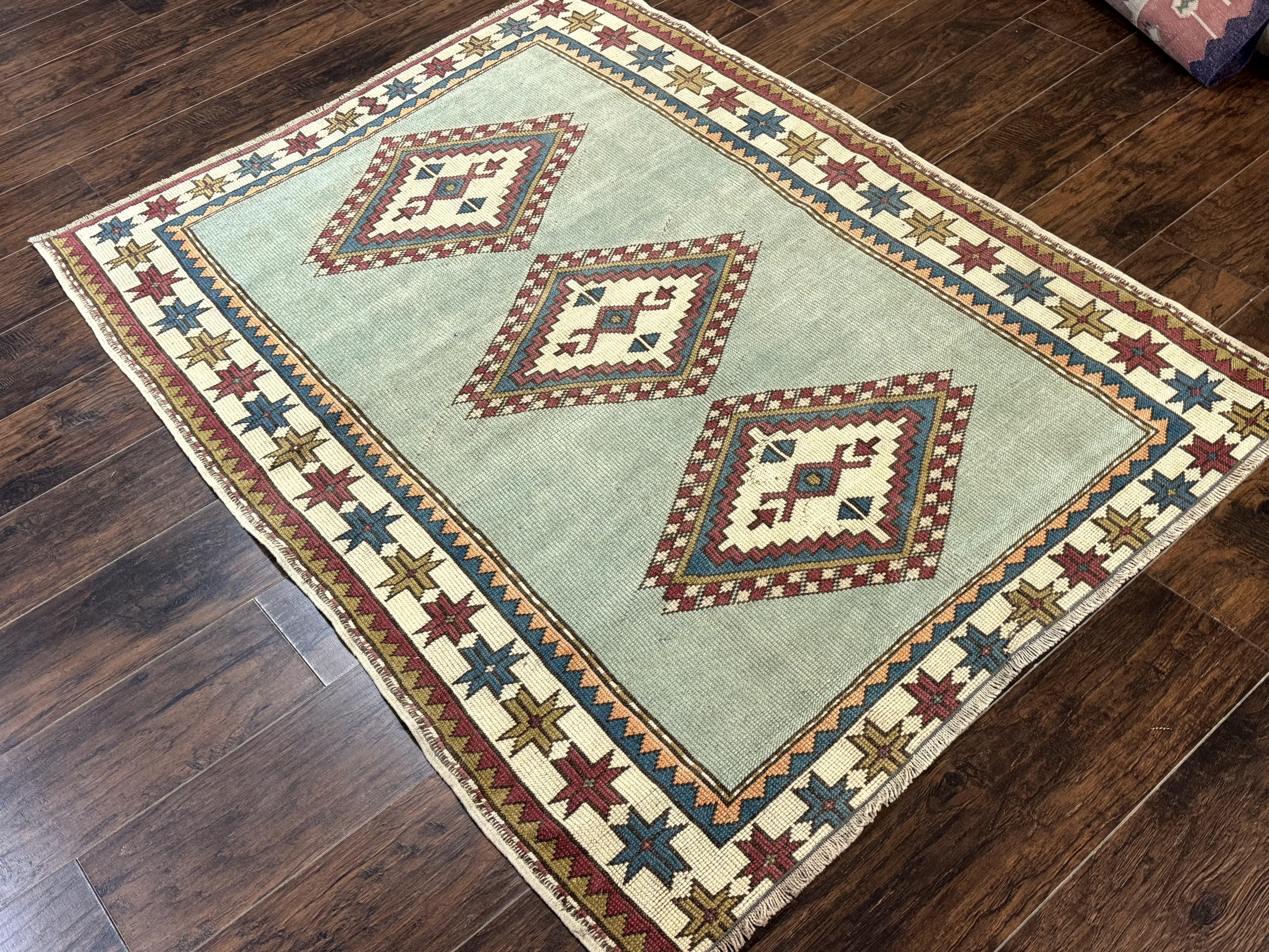 Turkish Kazak Rug 4x6, Geometric Medallion, Caucasian Design Rug, Semi Antique Vintage, Mint Green Maroon Ivory
