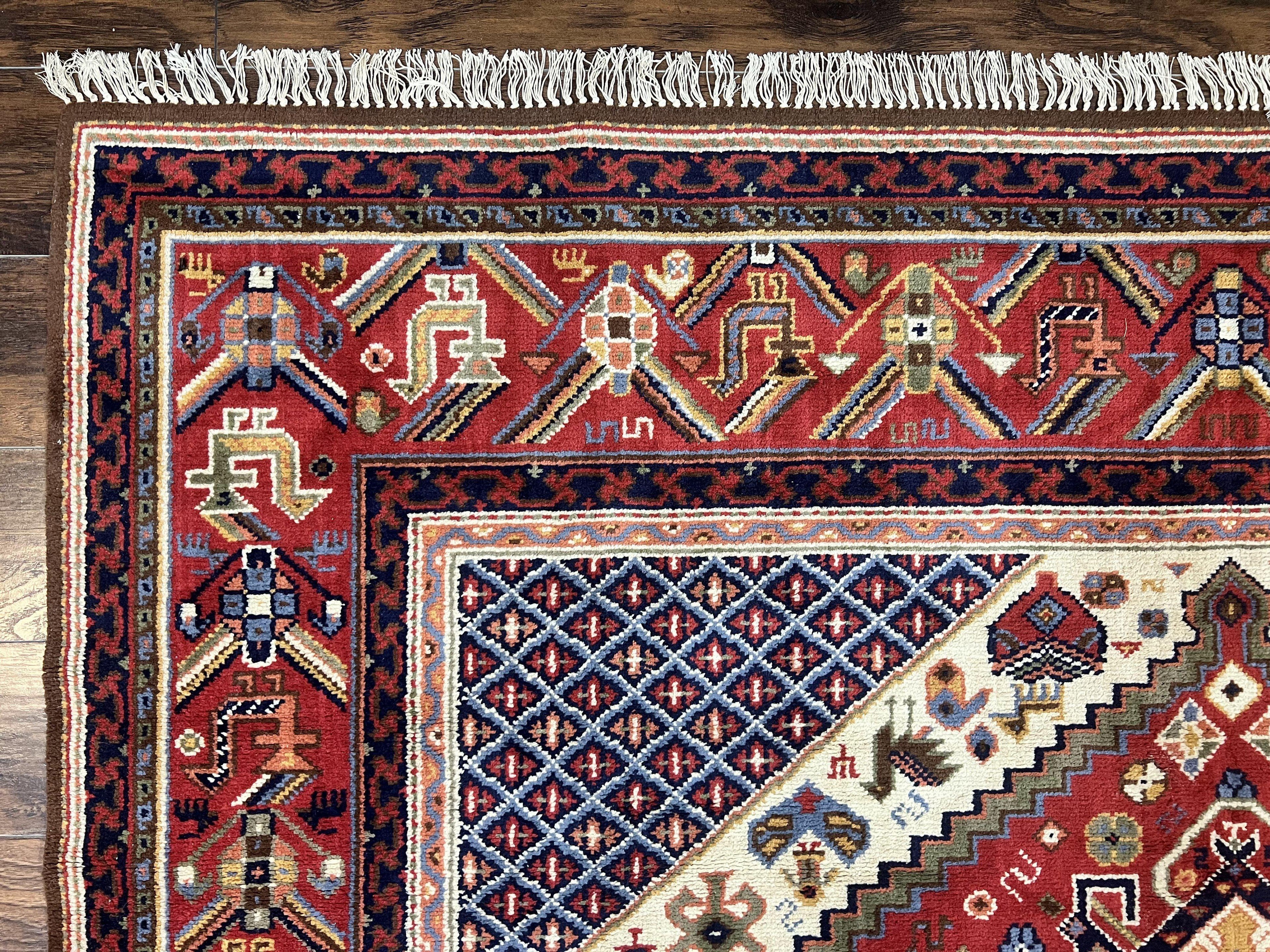Belgium Power Loomed Rug 8x12, Geometric Medallions Persian Tribal Pattern, Vintage Wool Carpet, Ivory Red Blue