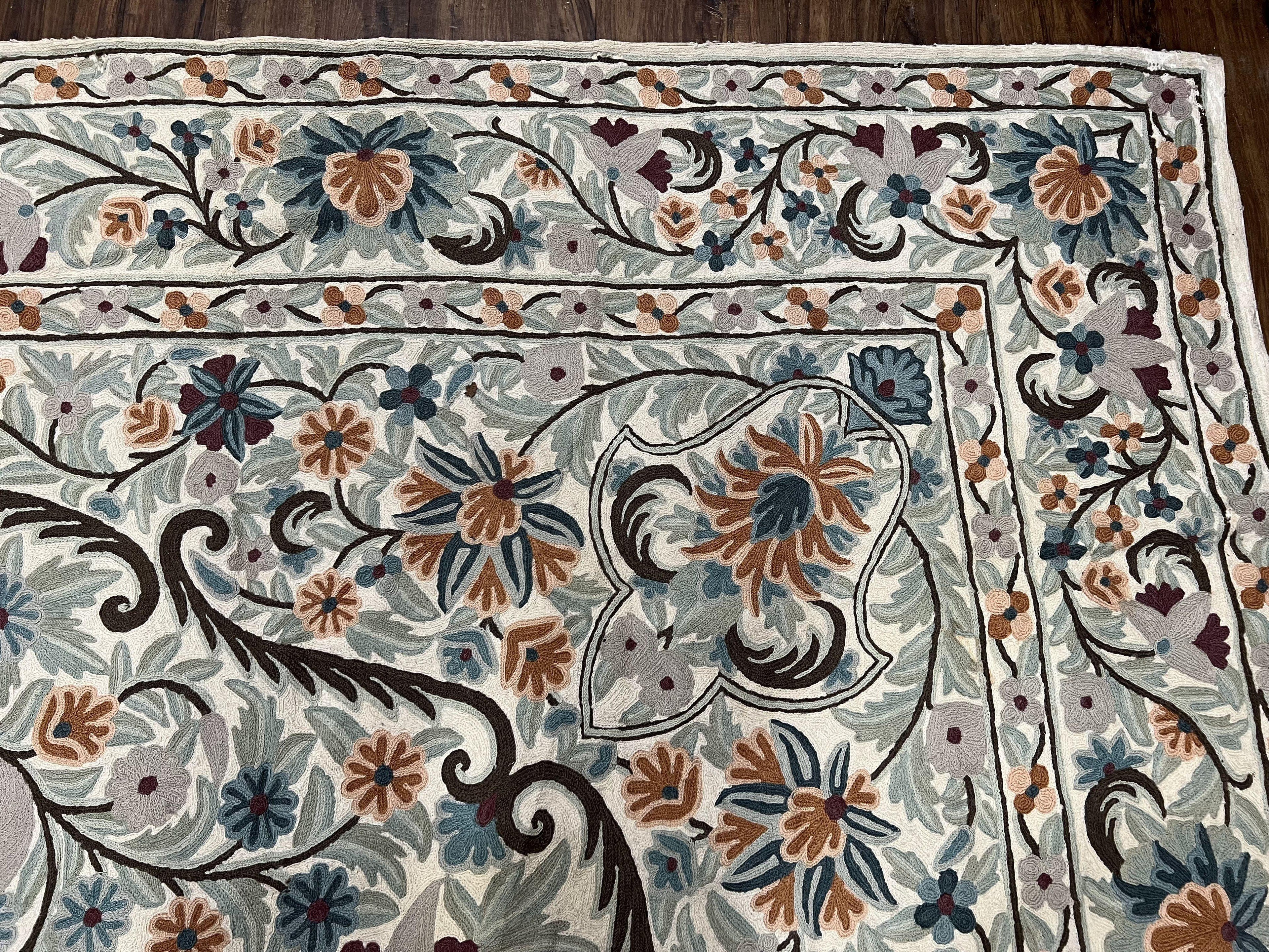 Chain Stitched Rug 9x12 Vintage Carpet 9 x 12 Flatweave Rug, Ivory Teal Rug, Area Rug 9 by 12, Hand Stitched Rug, Medallion, Indian Rug