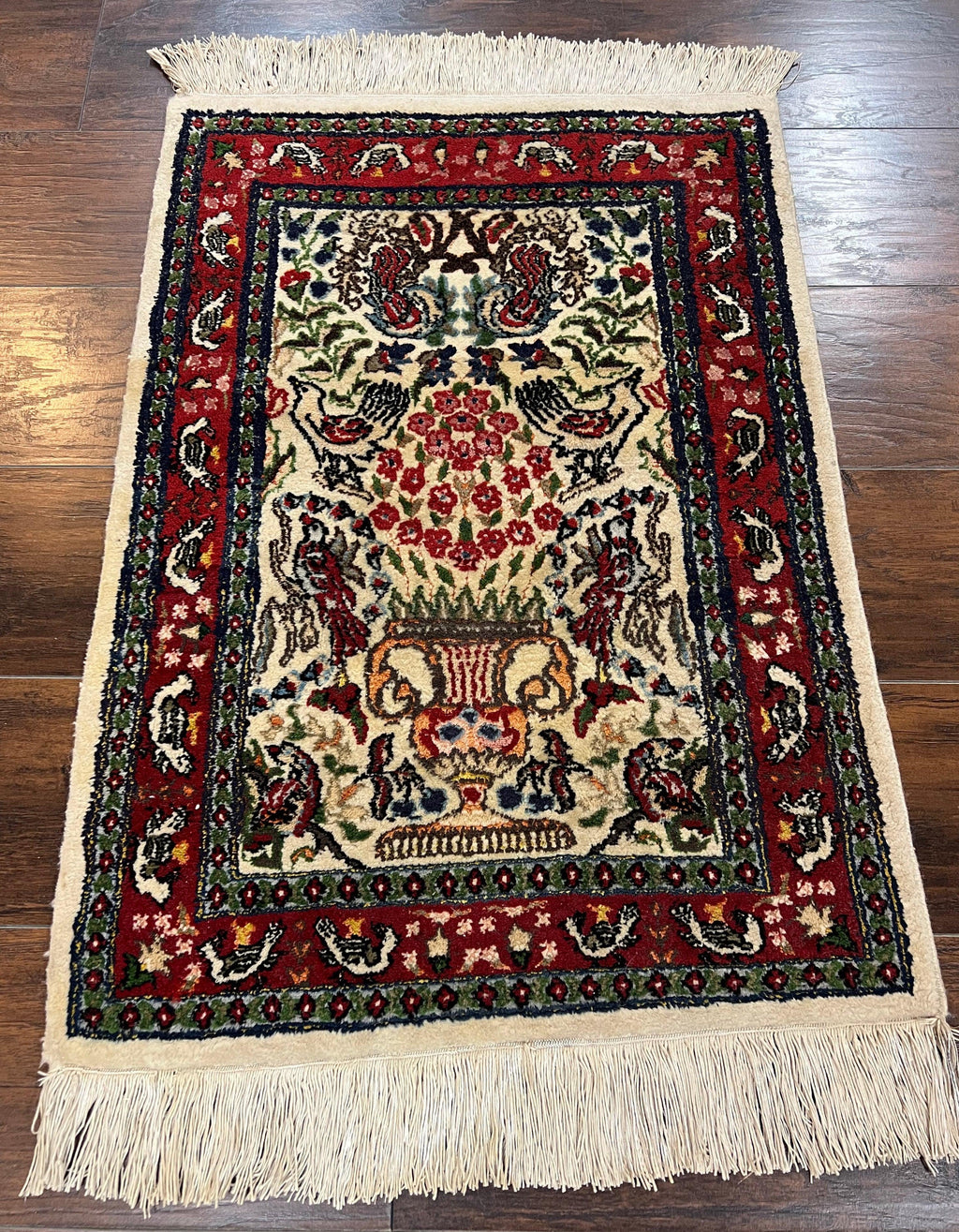 Small Indo Persian Rug 2x3 ft, Wool with Silk Highlights, Animal Pictorials, Birds