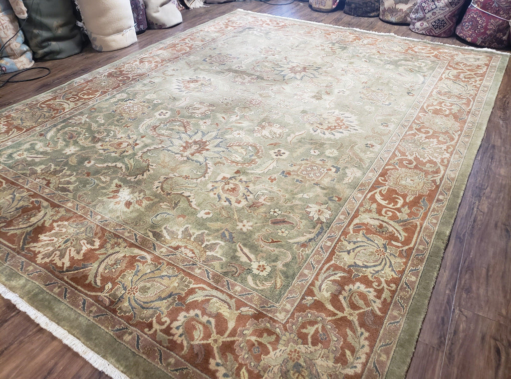 Green Indo Mahal Area Rug 9x12, Wool Hand-Knotted Carpet