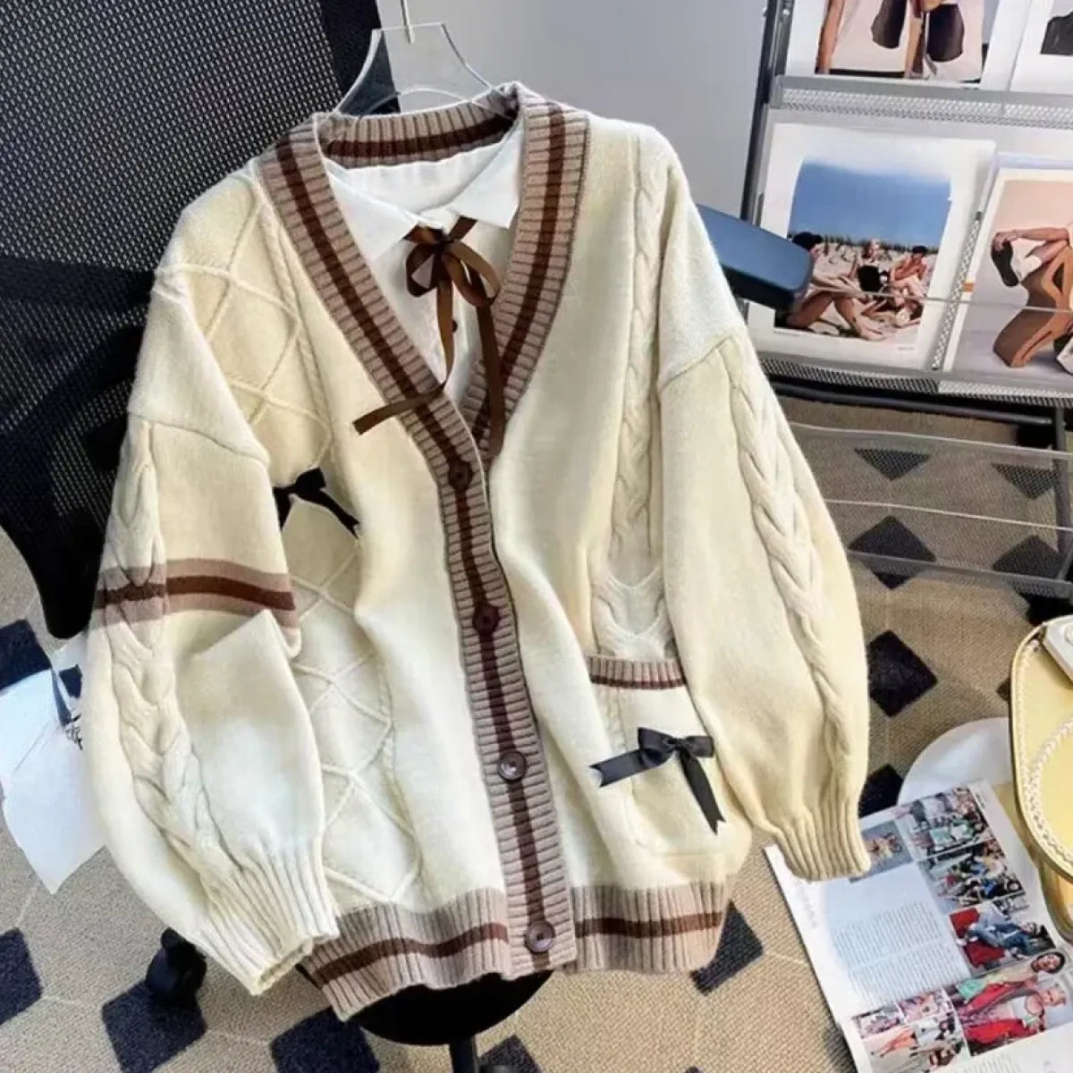 Bow Knit Cardigan – Y2K Aesthetic Contrast Trim Sweater