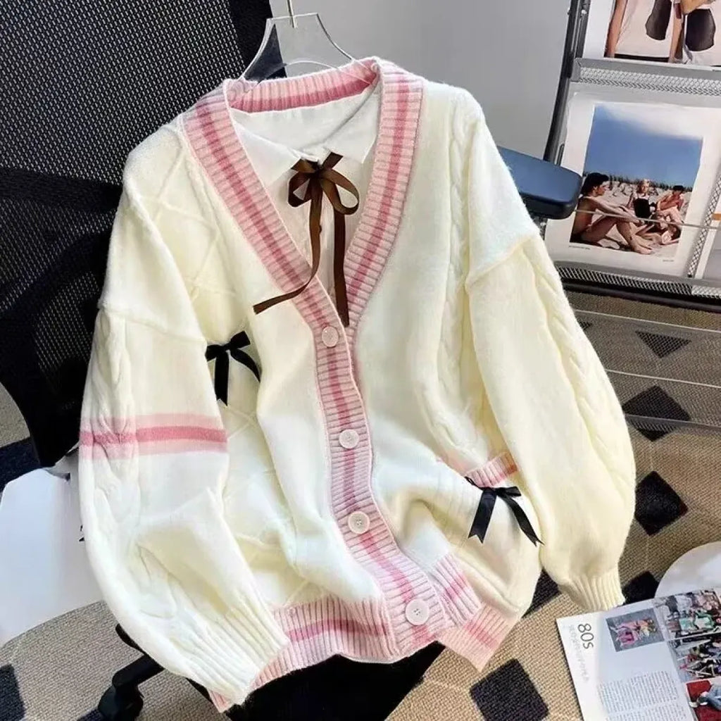 Bow Knit Cardigan – Y2K Aesthetic Contrast Trim Sweater