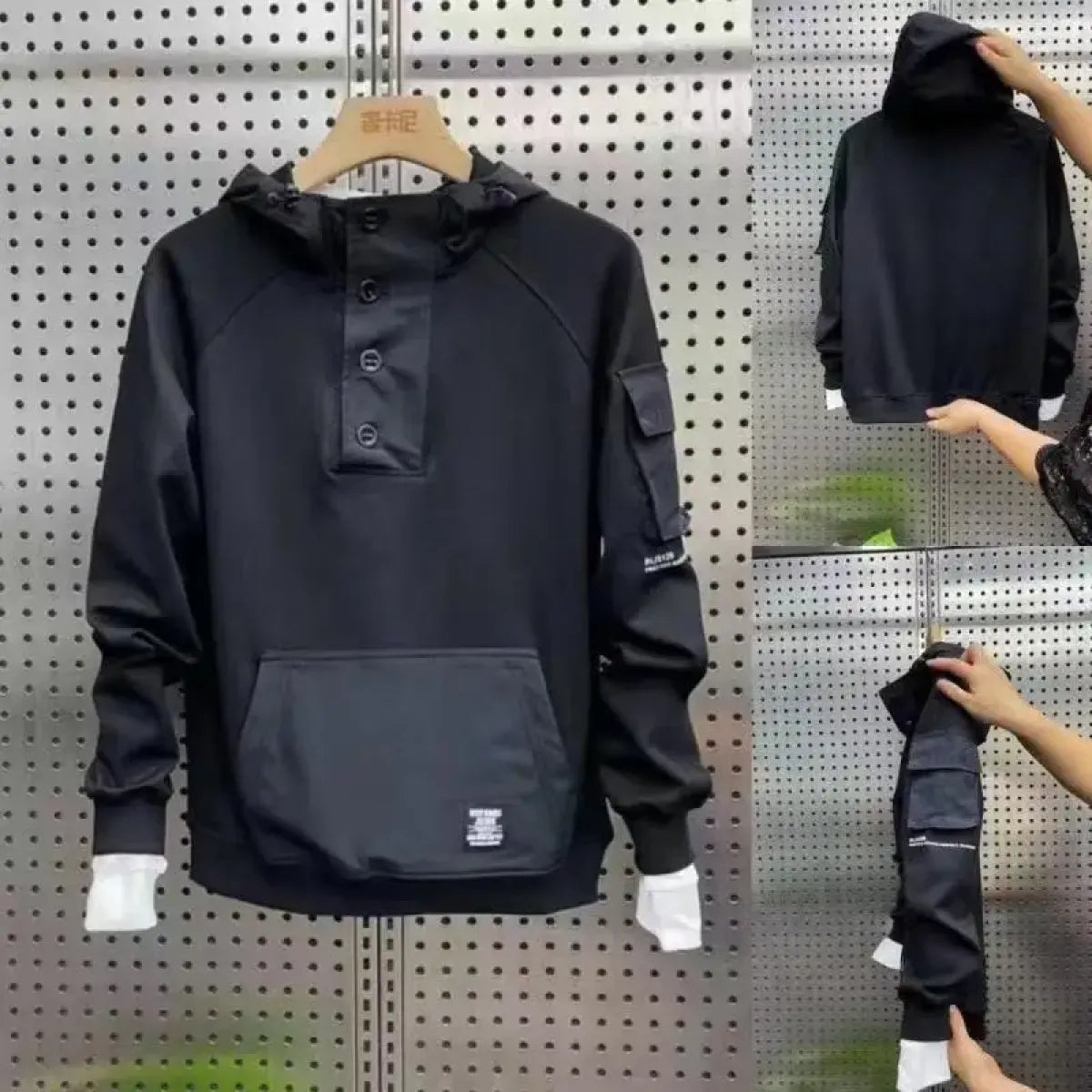 Buttoned Cargo Hoodie with Pockets