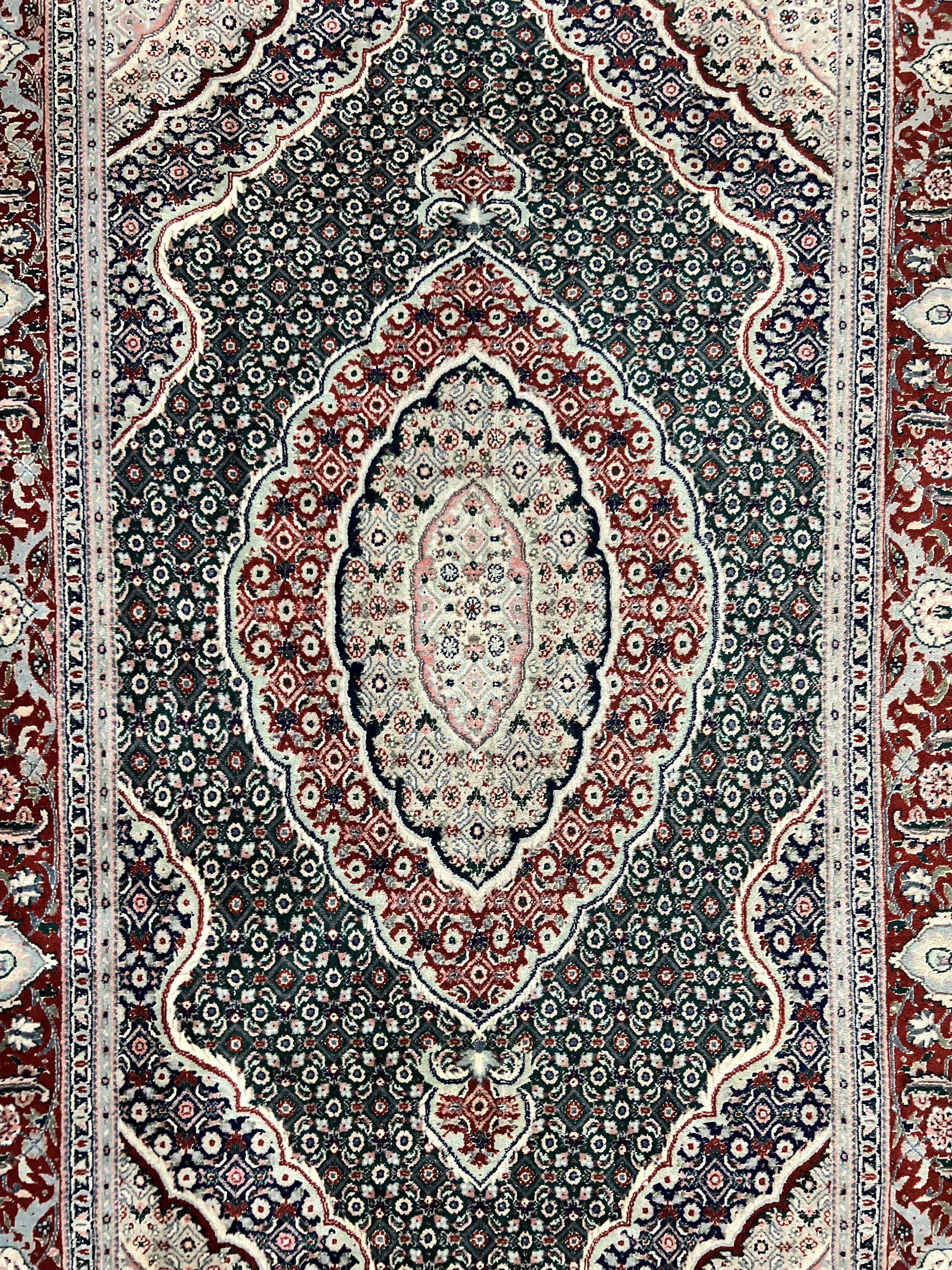 Sino Persian Rug 4x6, Wool with Silk Highlights, Fine Hand Knotted Carpet, Green & Maroon Red, Herati Medallion, Vintage Rug