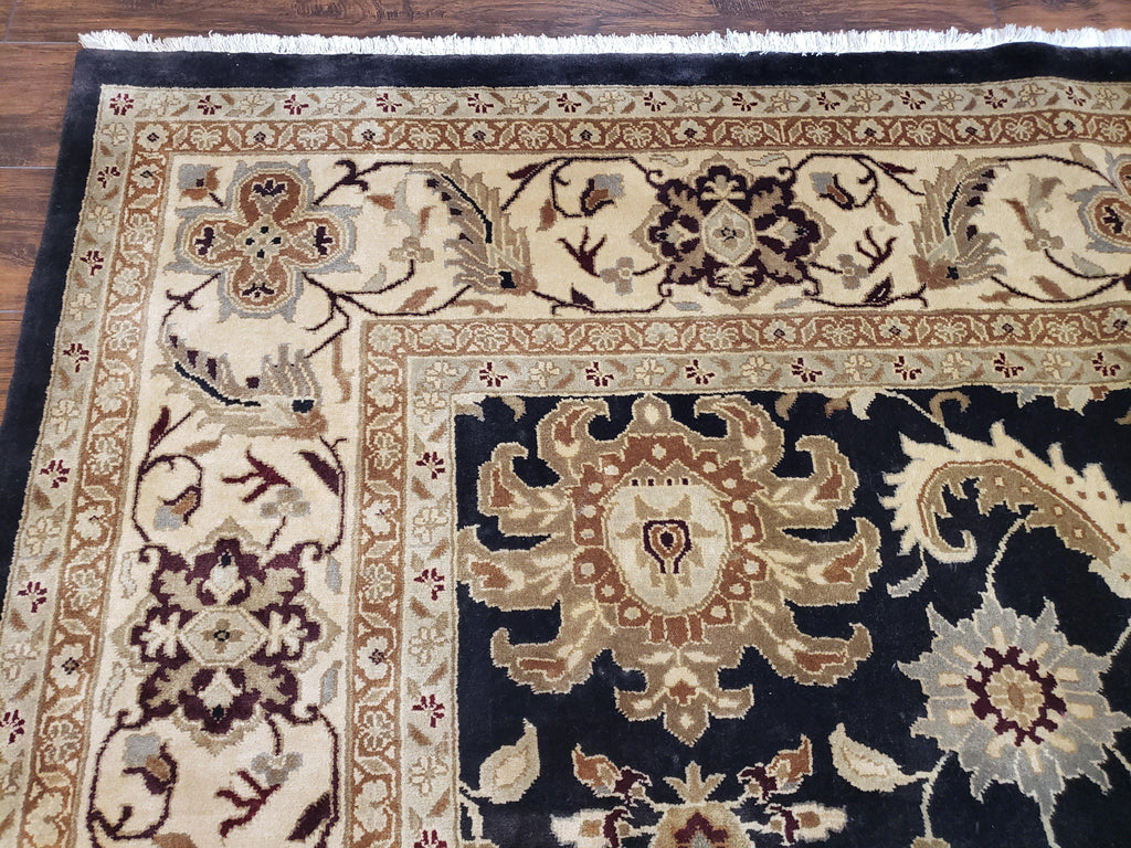 Indo Mahal Rug 8x12, Indian Sultanabad Handmade Area Rug, Vintage Hand-Knotted Wool Black Floral Traditional Oriental Dinning Room Rug