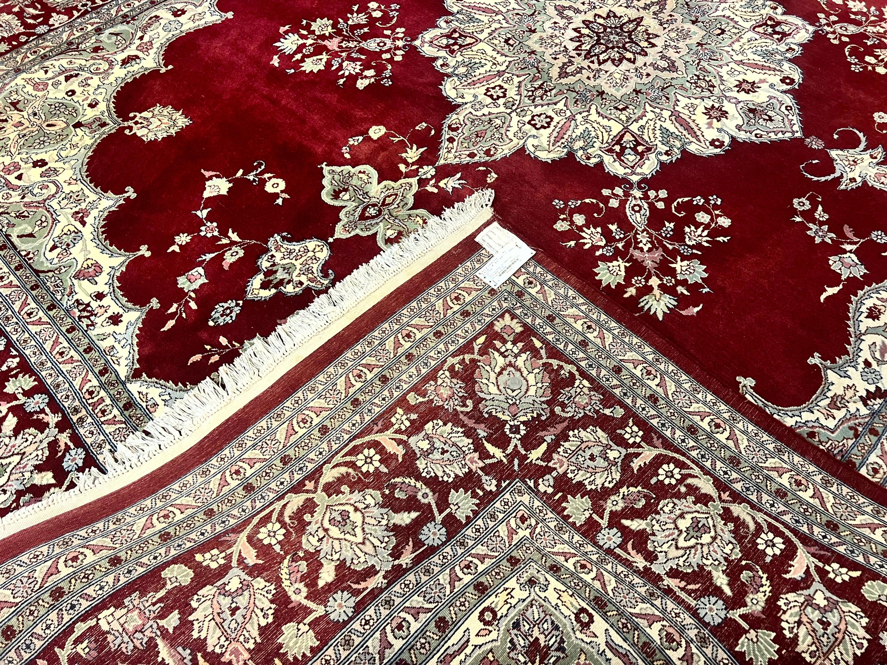 Pak Persian Rug 9x12, Handmade Vintage Traditional Wool Carpet, Floral Medallion, Dark Red Ivory/Cream, Fine 250 KPSI