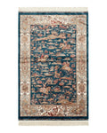Turkish Silk Hunting Design Rug 4x6, Dark Steel Blue & Ivory, Bamboo Silk, New