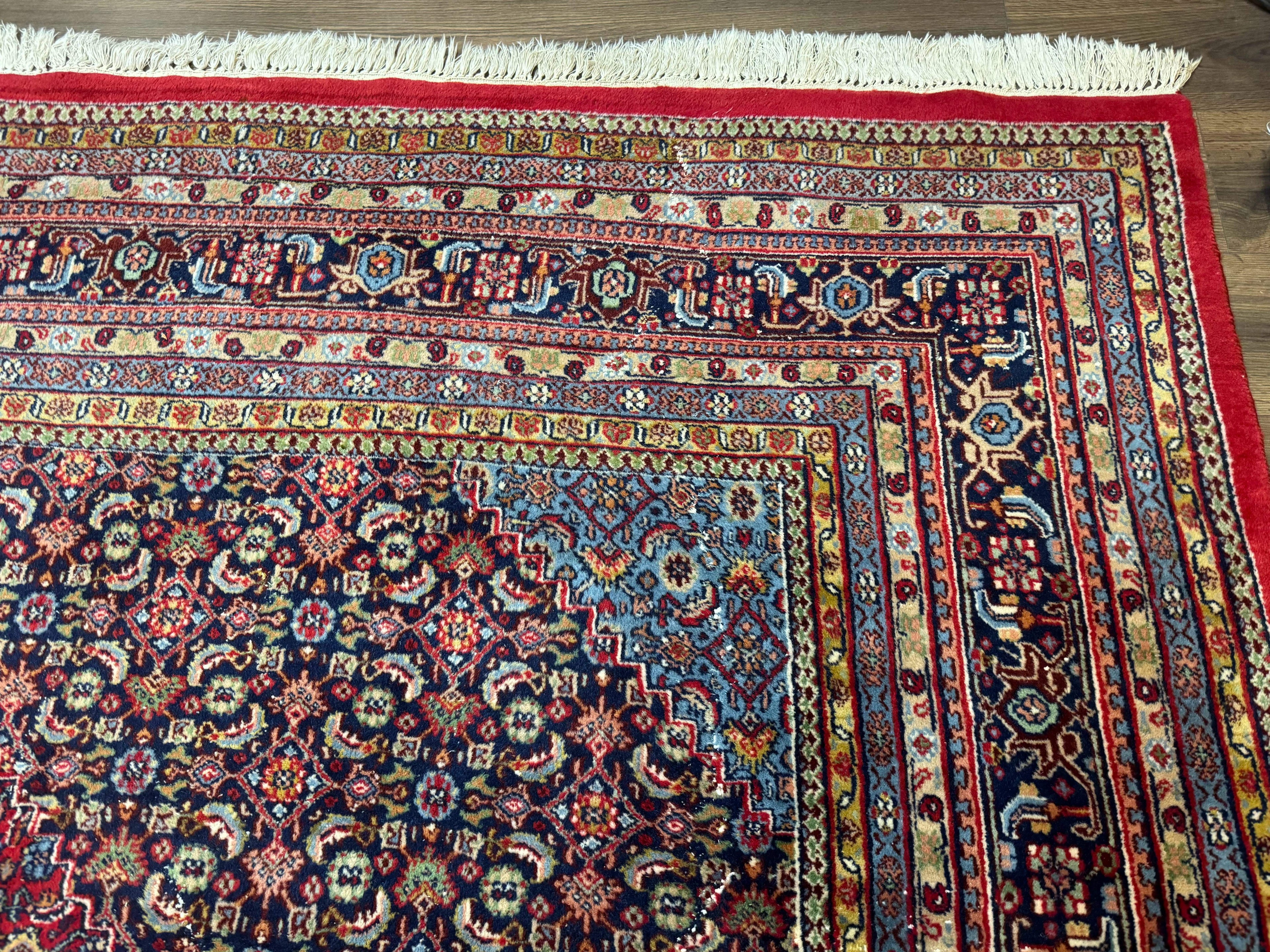 Indo Persian Bidjar Rug 10x14, Red and Dark Blue, Herati Mahi Pattern, Vintage