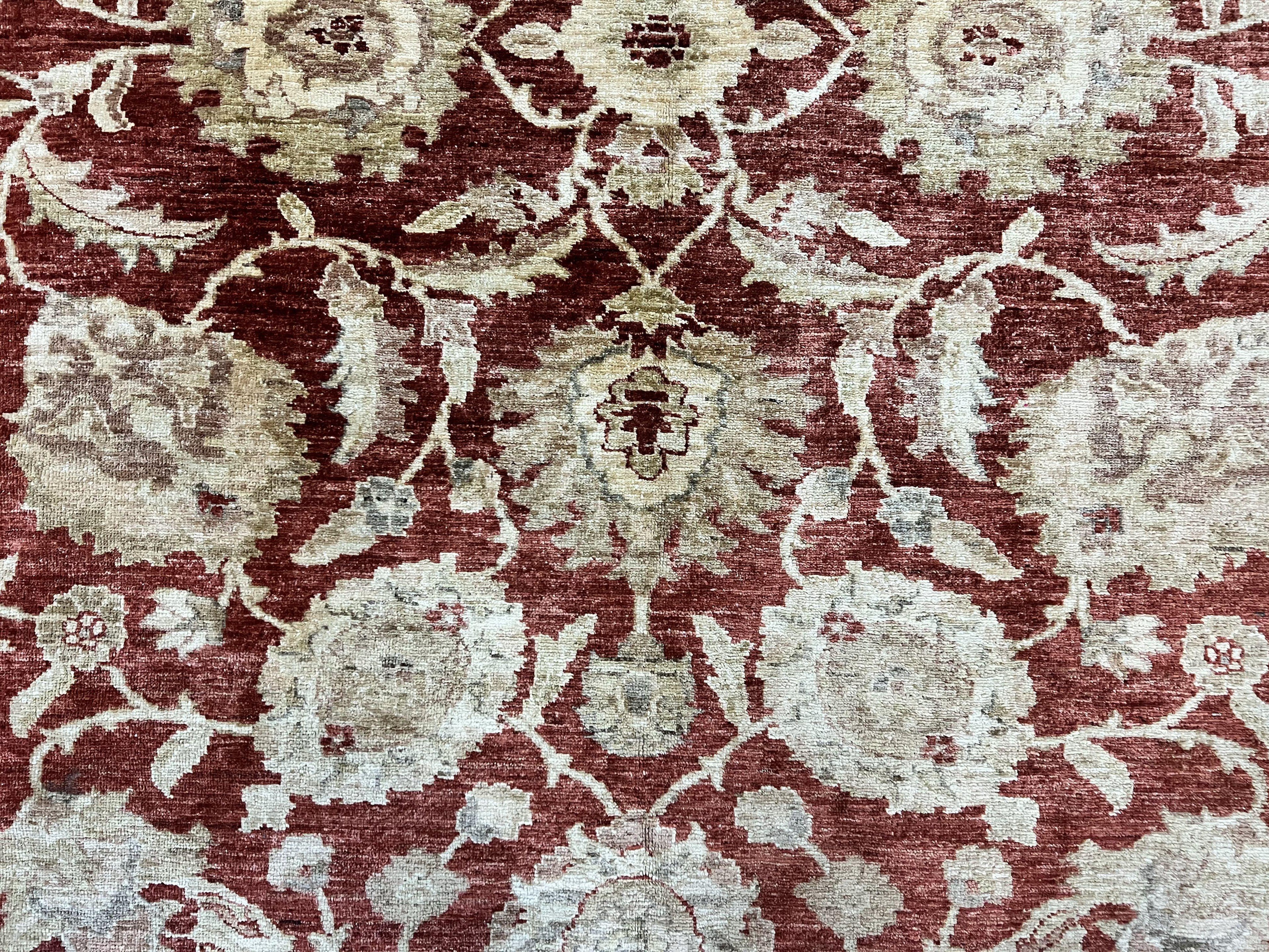 Pak Persian Rug 10x14, Sultanabad Mahal Peshawar Chobi Carpet, Large Vintage Wool Oriental Rug, Maroon & Beige, Floral Allover, Handmade