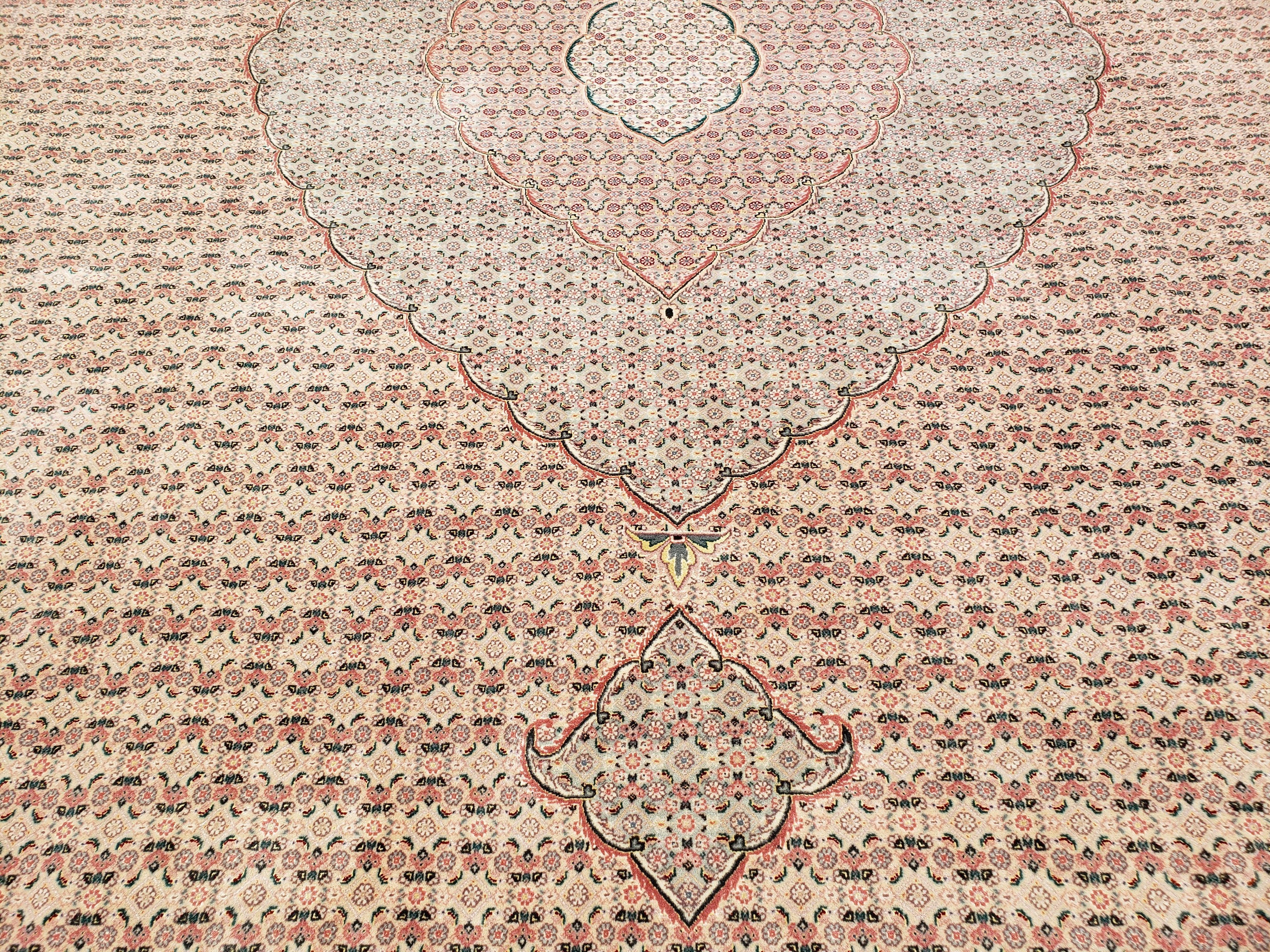 Stunning Oversized Pak Persian Oriental Rug 12x15, Hand Knotted Wool & Silk Palace Sized Carpet, Mahi Pattern, Very Fine, Peach Beige, Wow