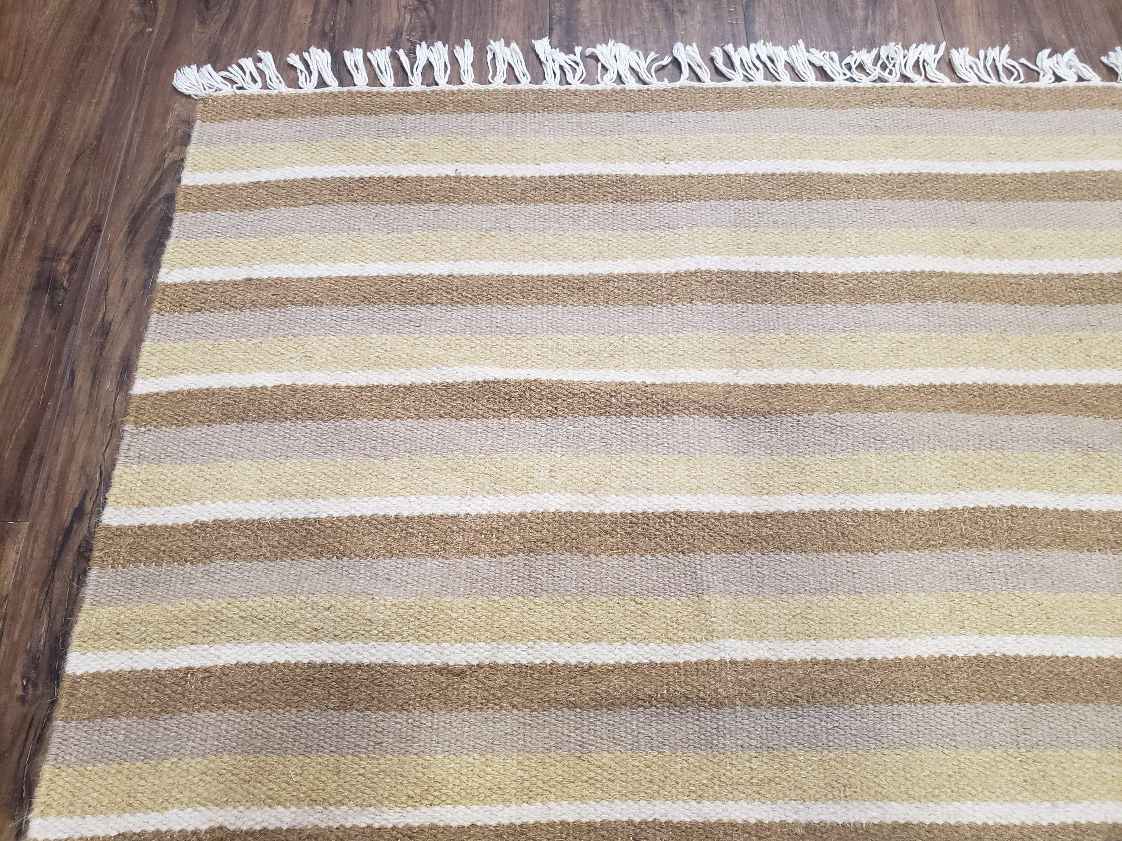 New Indian Striped Blanket, Multicolor Earthern Tones Kilim Rug, Wool Handmade South American Style Blanket, Queen Sized Bedspread 5x8 - 6x8