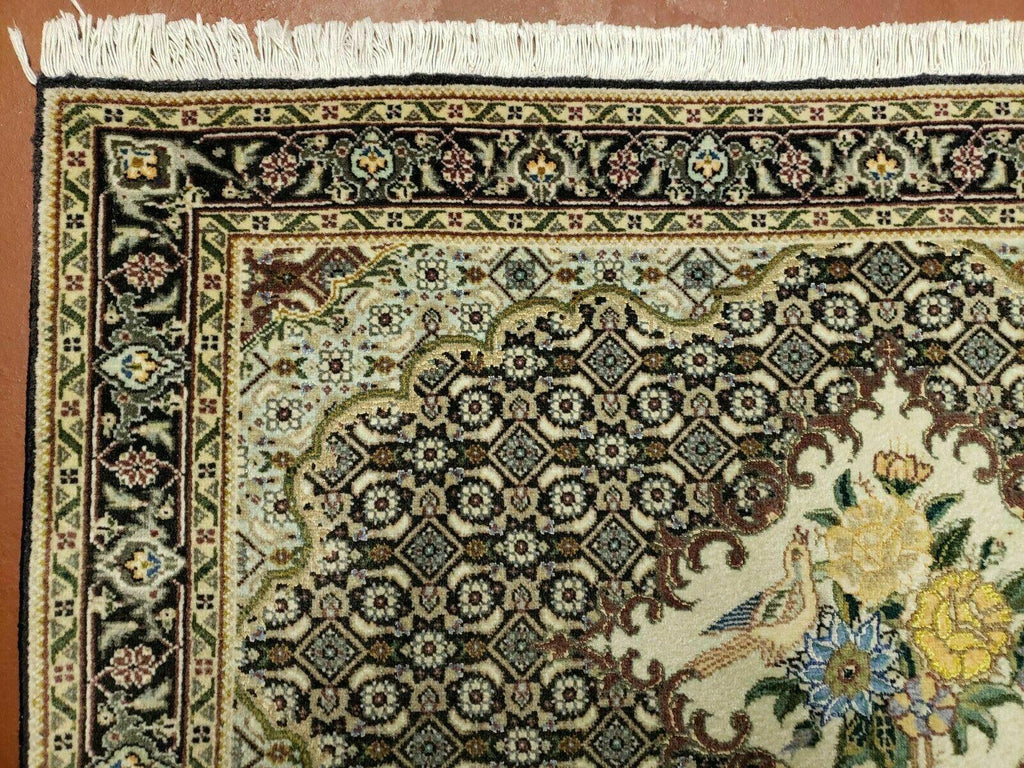 Small Persian Rug 2.4 x 3, Birds and Flowers, Finely Hand Knotted