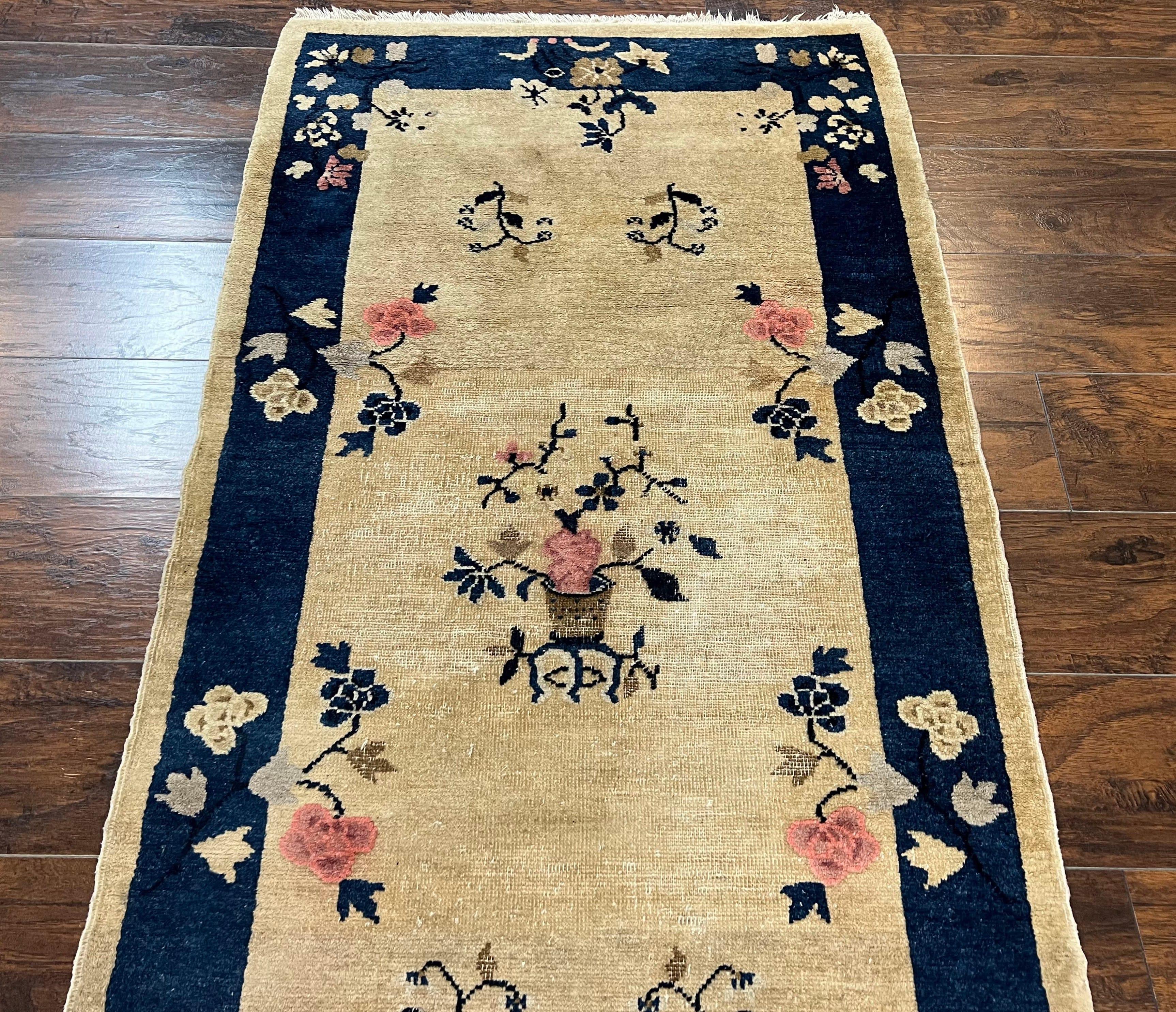 Antique Chinese Peking Rug 3x6, Beige and Dark Blue Hand Knotted Handmade Asian Oriental Carpet, Floral Vases, Vintage Wool Art Deco Rug