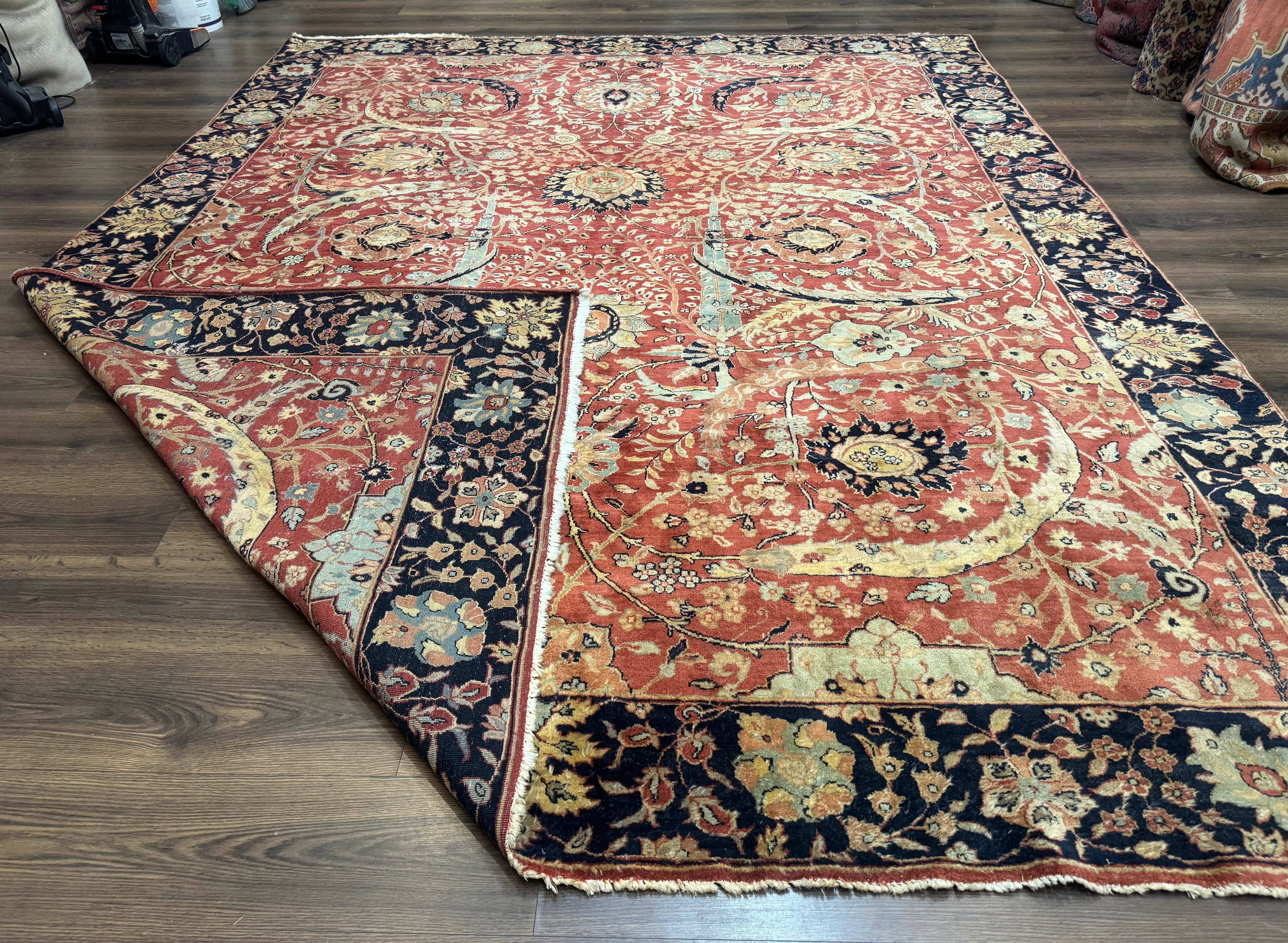 Indian Agra Rug 9x11, Terracotta and Navy Blue, Sickle Leaf Rug