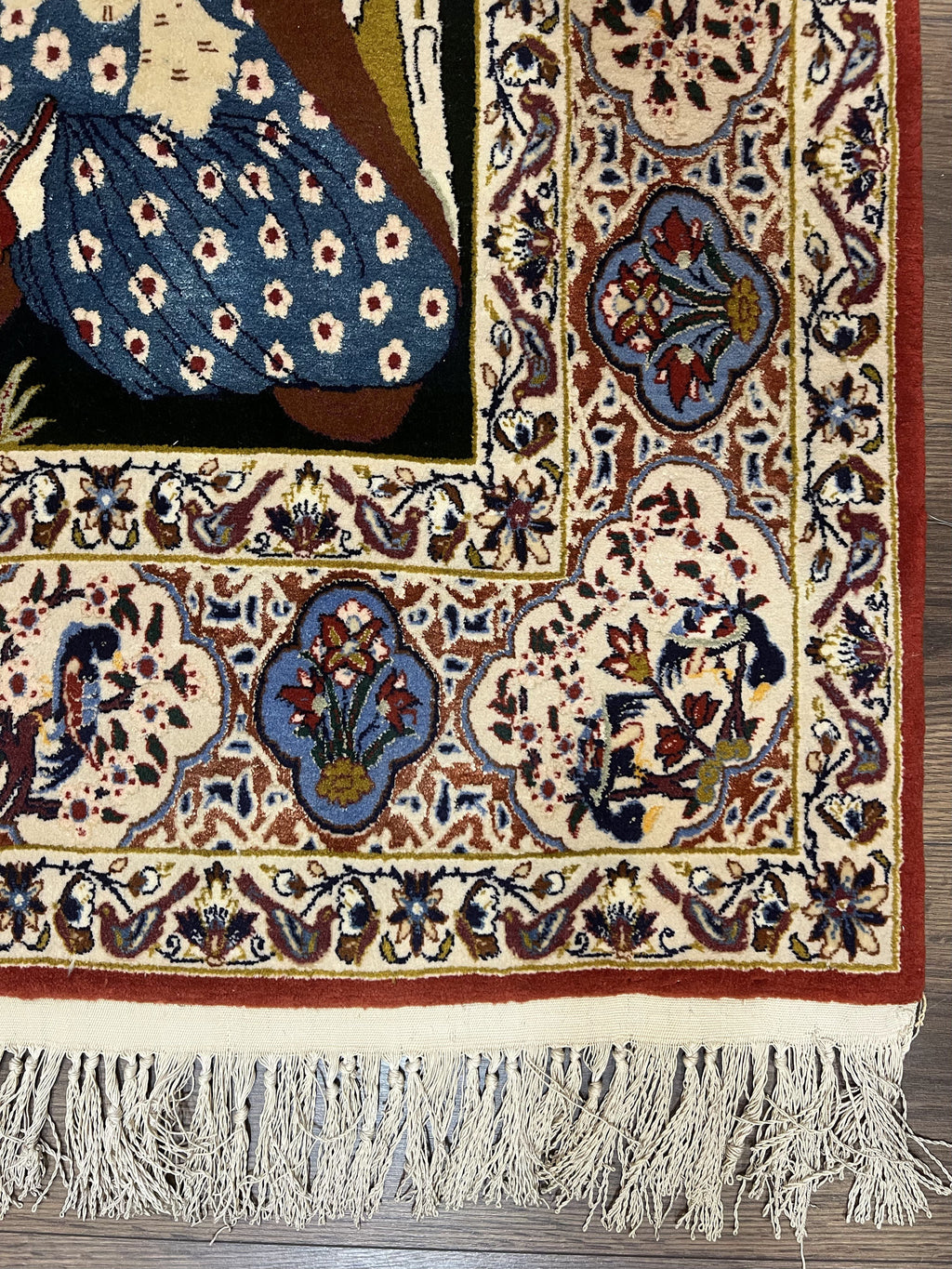 Persian Pictorial Rug 5 x 4 ft, Persian Isfahan Rug, Kork Wool on Silk Foundation, Signature from Master Weaver, Drums and Musical Instruments, Birds, Detailed