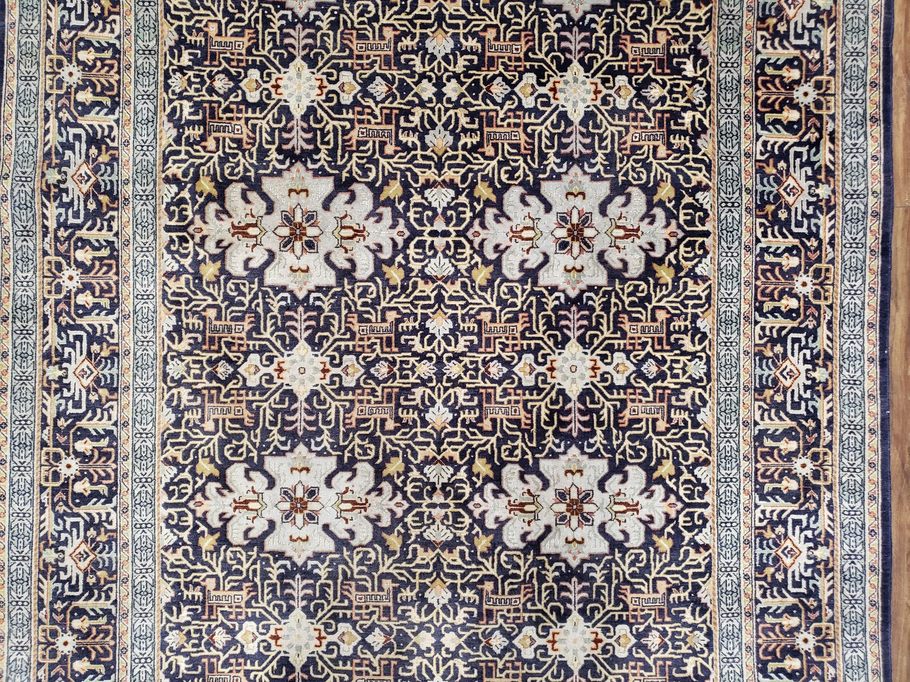 Persian Kashan Rug, Navy Blue, Hand-Knotted, Wool, 4' 8" x 7' 4", Pair A